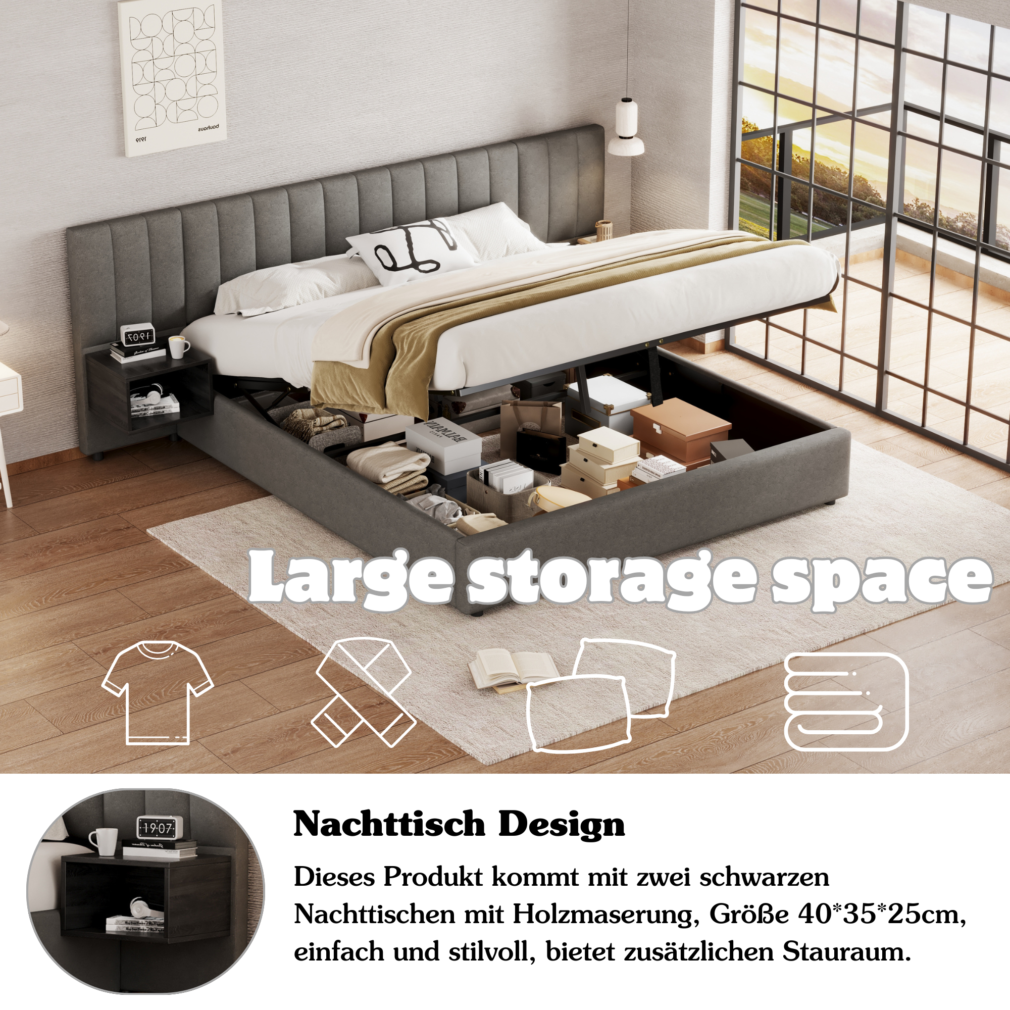 Logidon gestoffeerd bed 180x200 cm grijs zwart met twee nachtkastjes