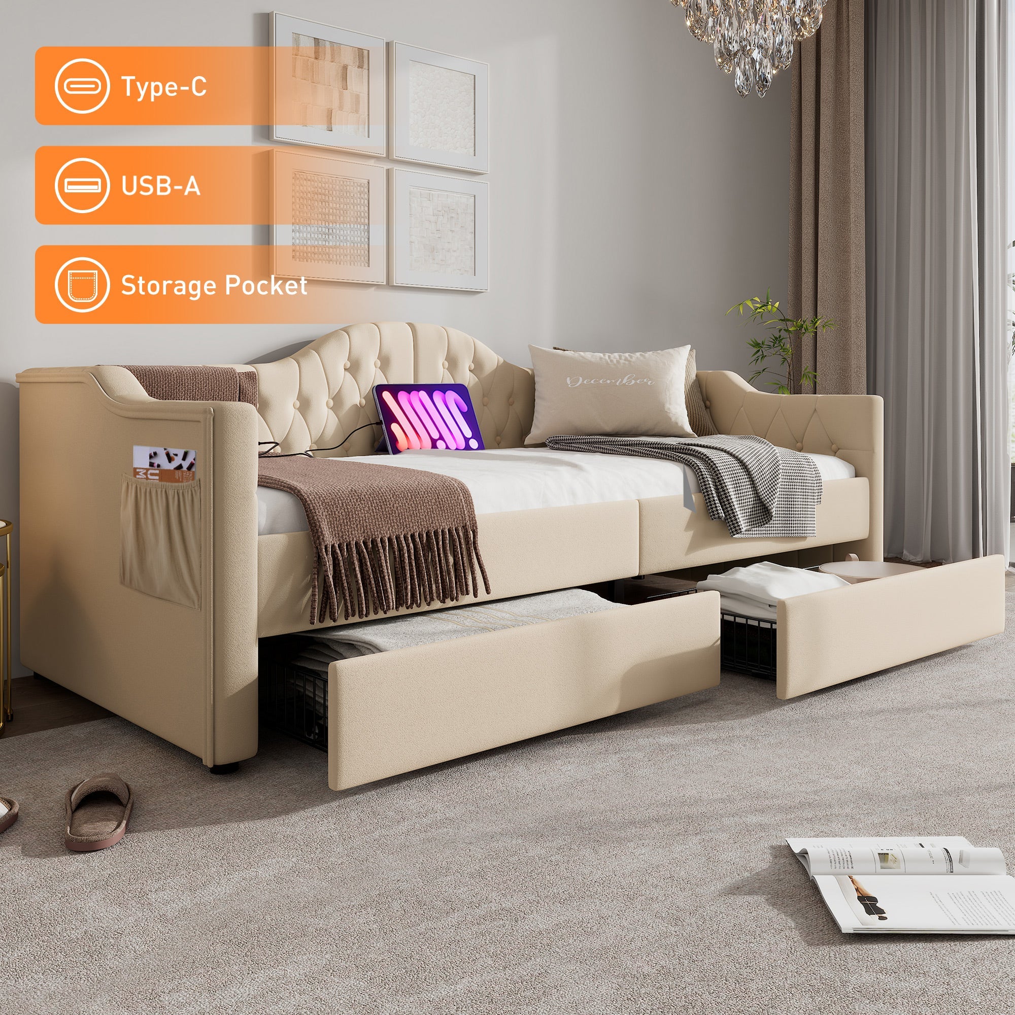 Logidon gestoffeerde slaapbank 90x200 beige USB-oplaadfunctie 2 compartimenten