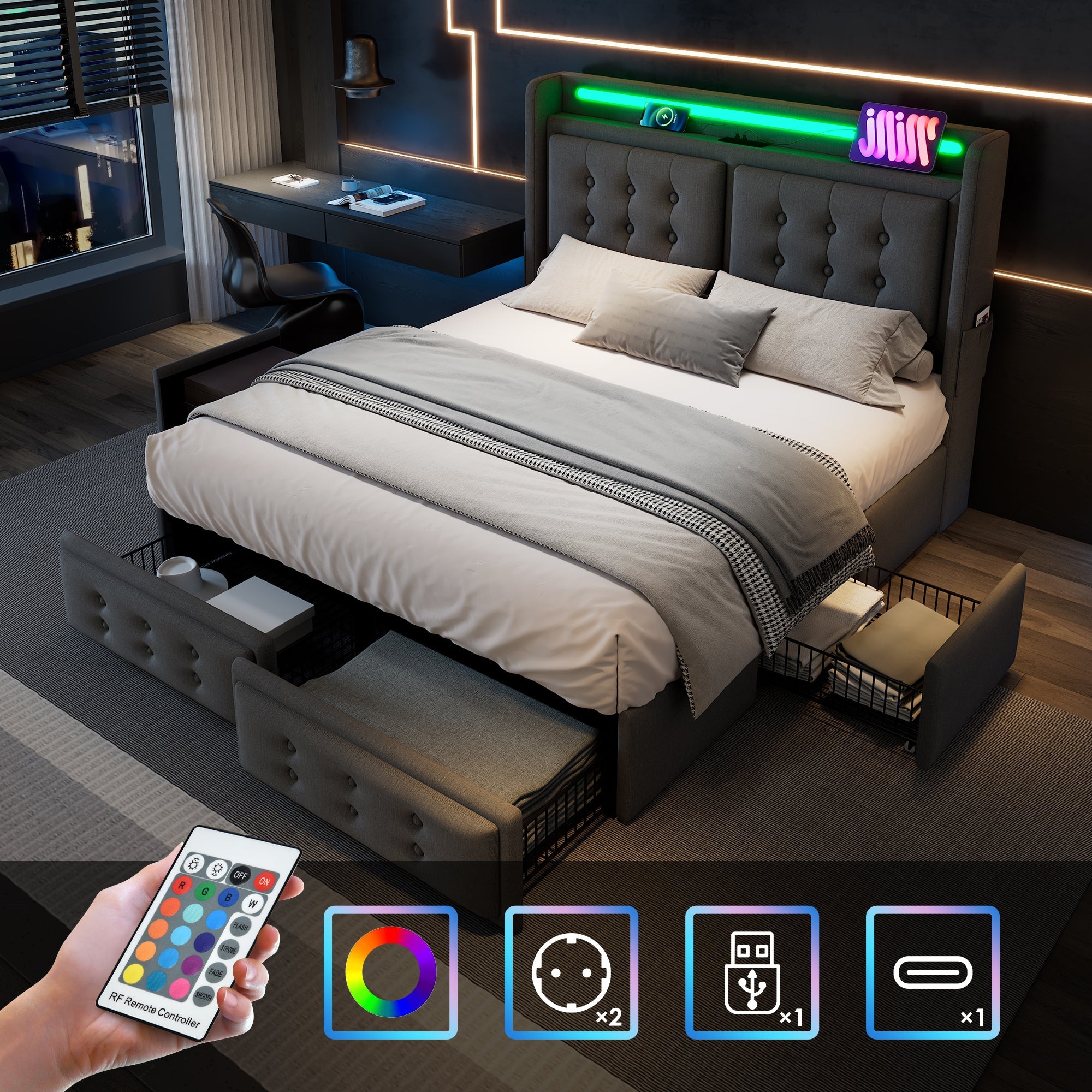 Logidon gestoffeerd bed 140x200 grijs met LED hoofdbord USB-C oplaadfunctie