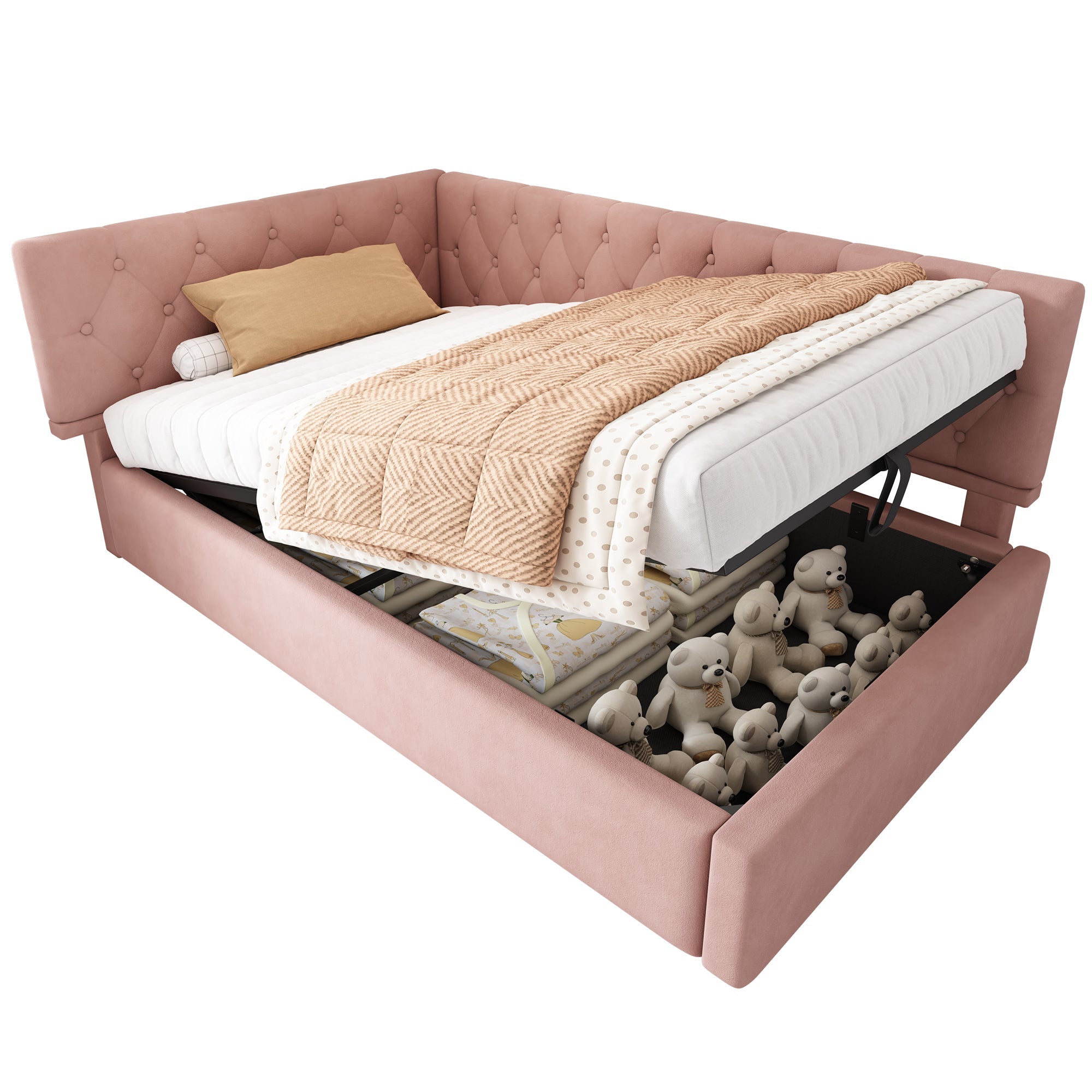 Logidon slaapbank 90x190 roze fluweel met hydraulische opbergruimte