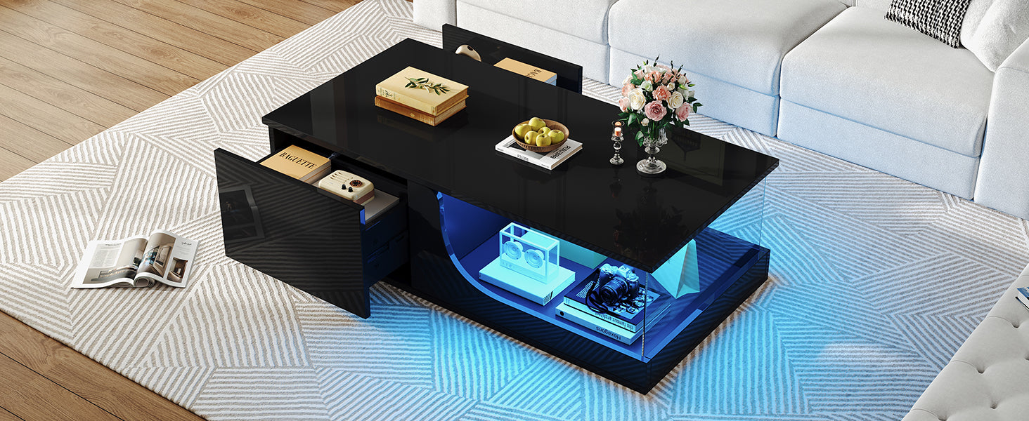 Logidon Zwarte hoogglans salontafel 100x50x30 cm LED-verlichting