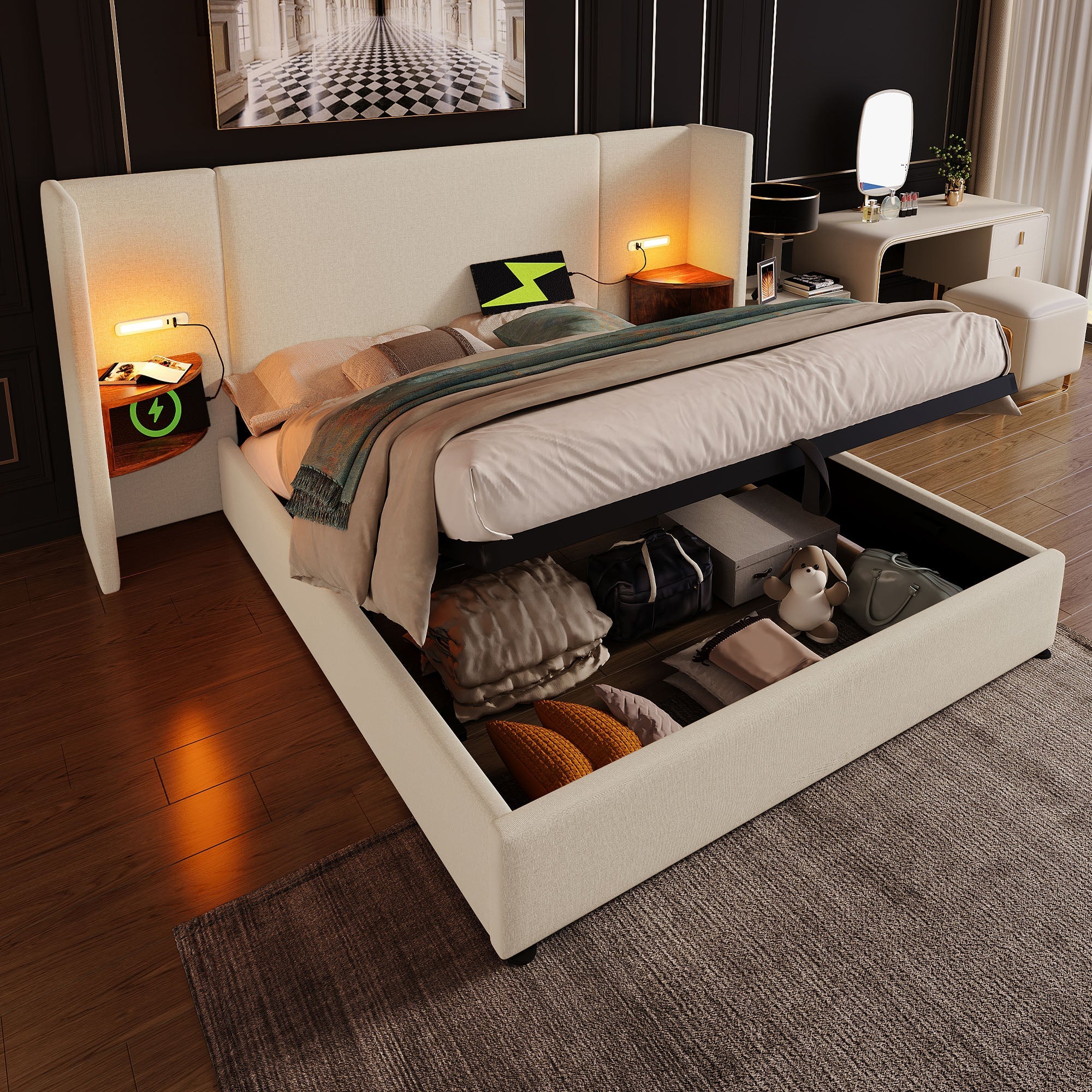 Logidon upholstered bed 160x200 beige with USB C charging function