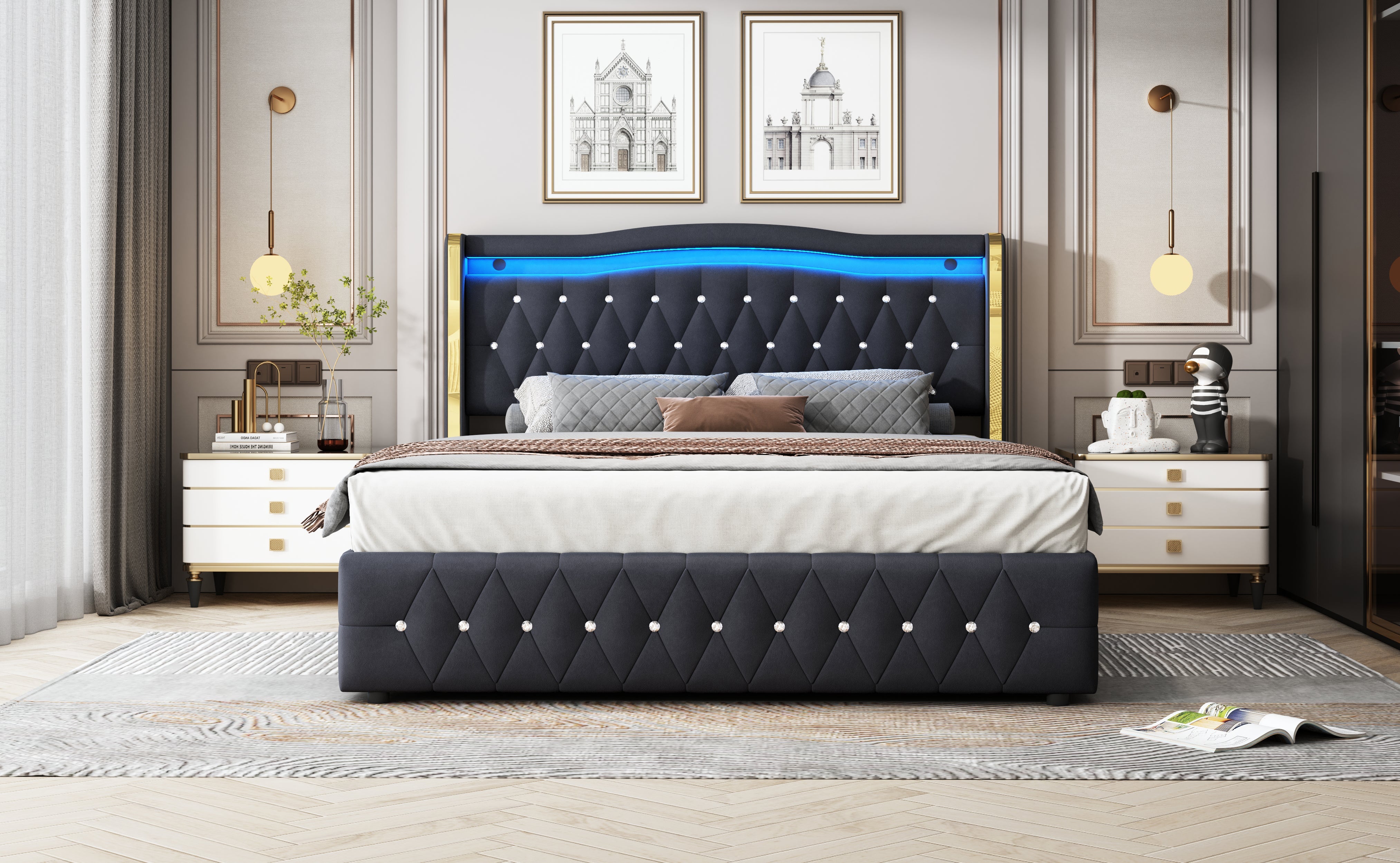 Logidon gestoffeerd bed 160x200 zwart fluweel stof met LED verlichting