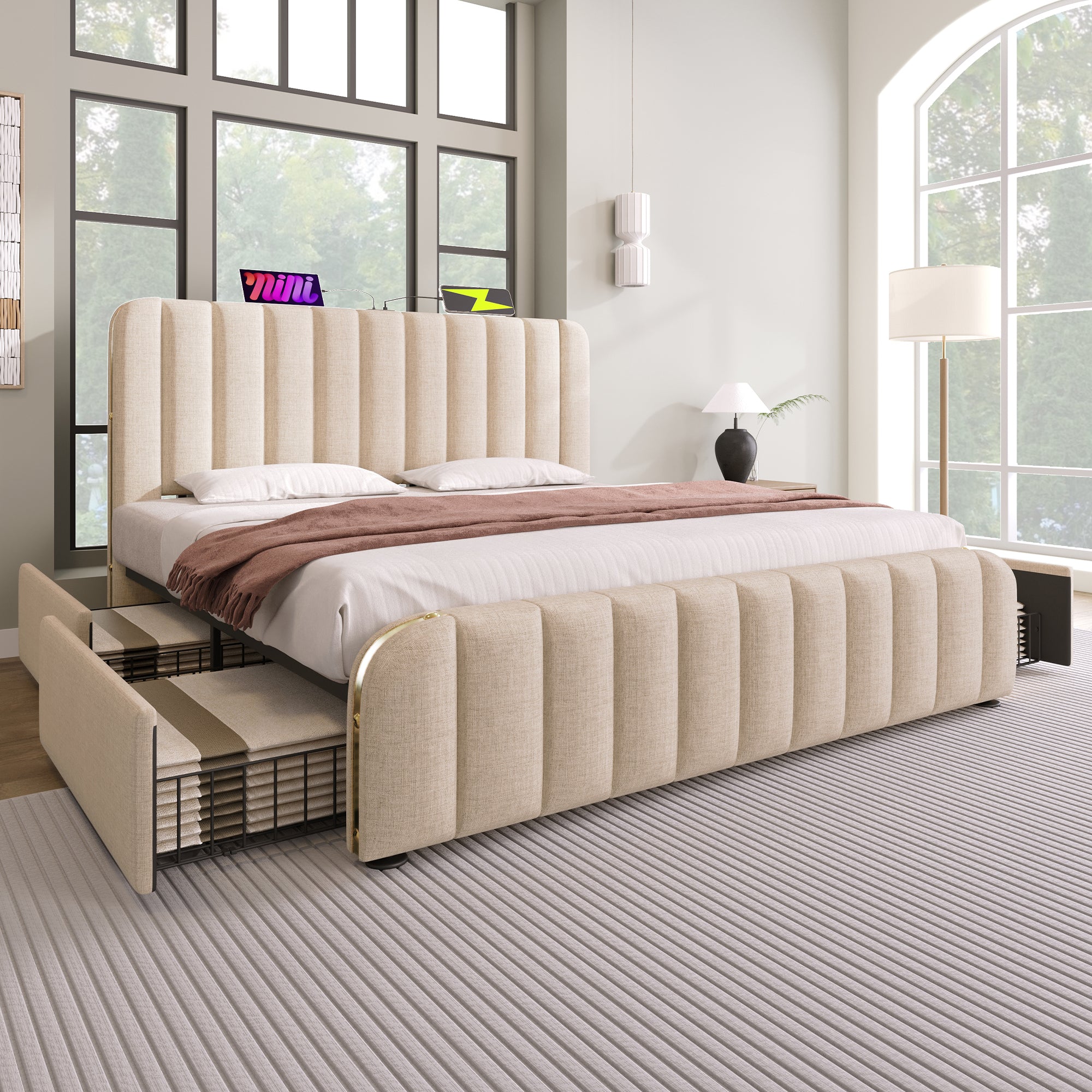 Logidon upholstered bed beige linen with USB Type C charging function 180x200 cm