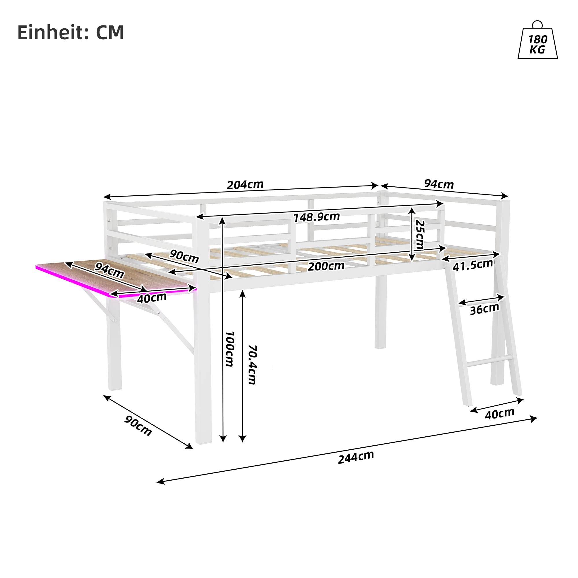 Logidon vlakbed 90 x 200 cm metalen bed wit met relingladder LED