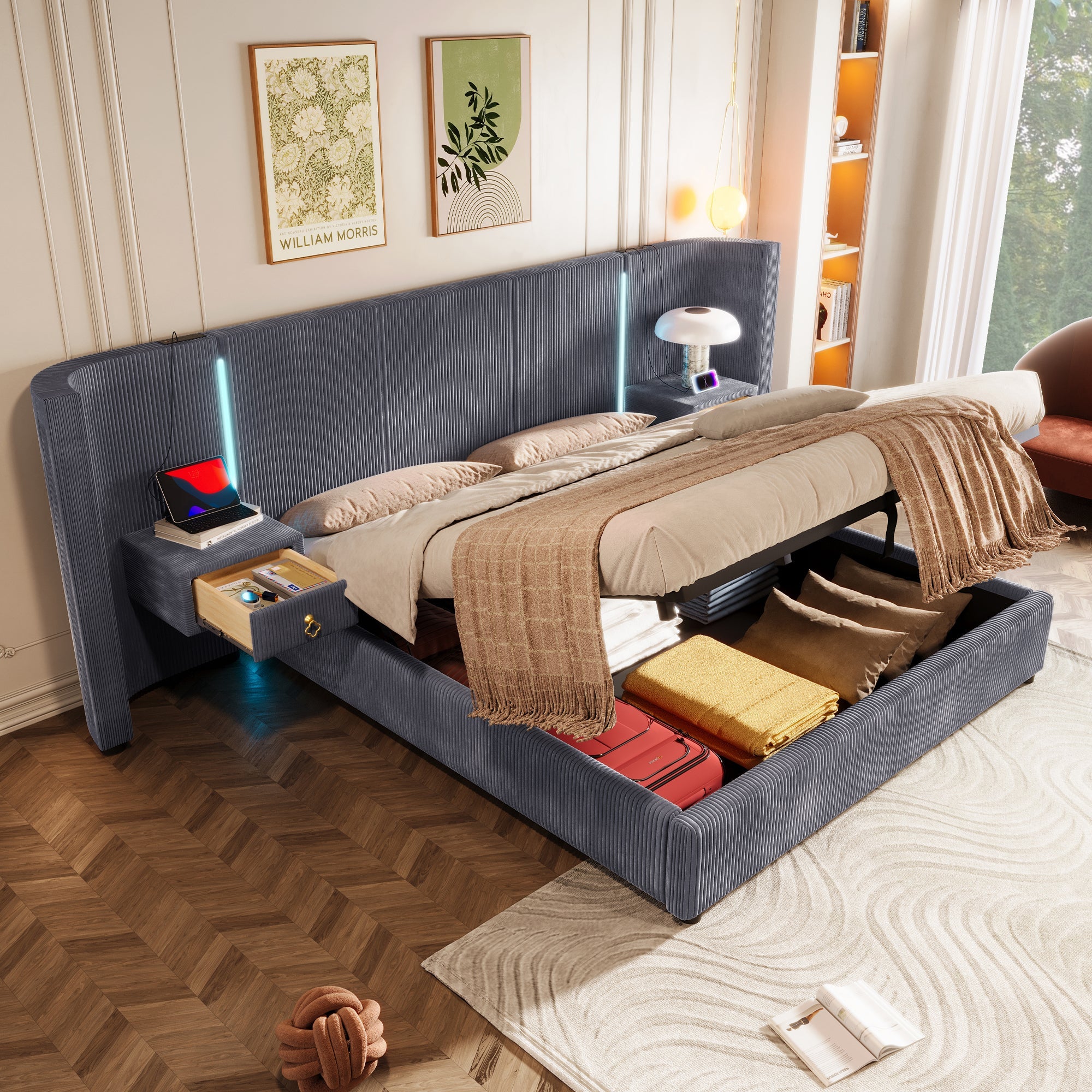 Logidon upholstered bed 180x200 cm gray velvet with LED strip storage space