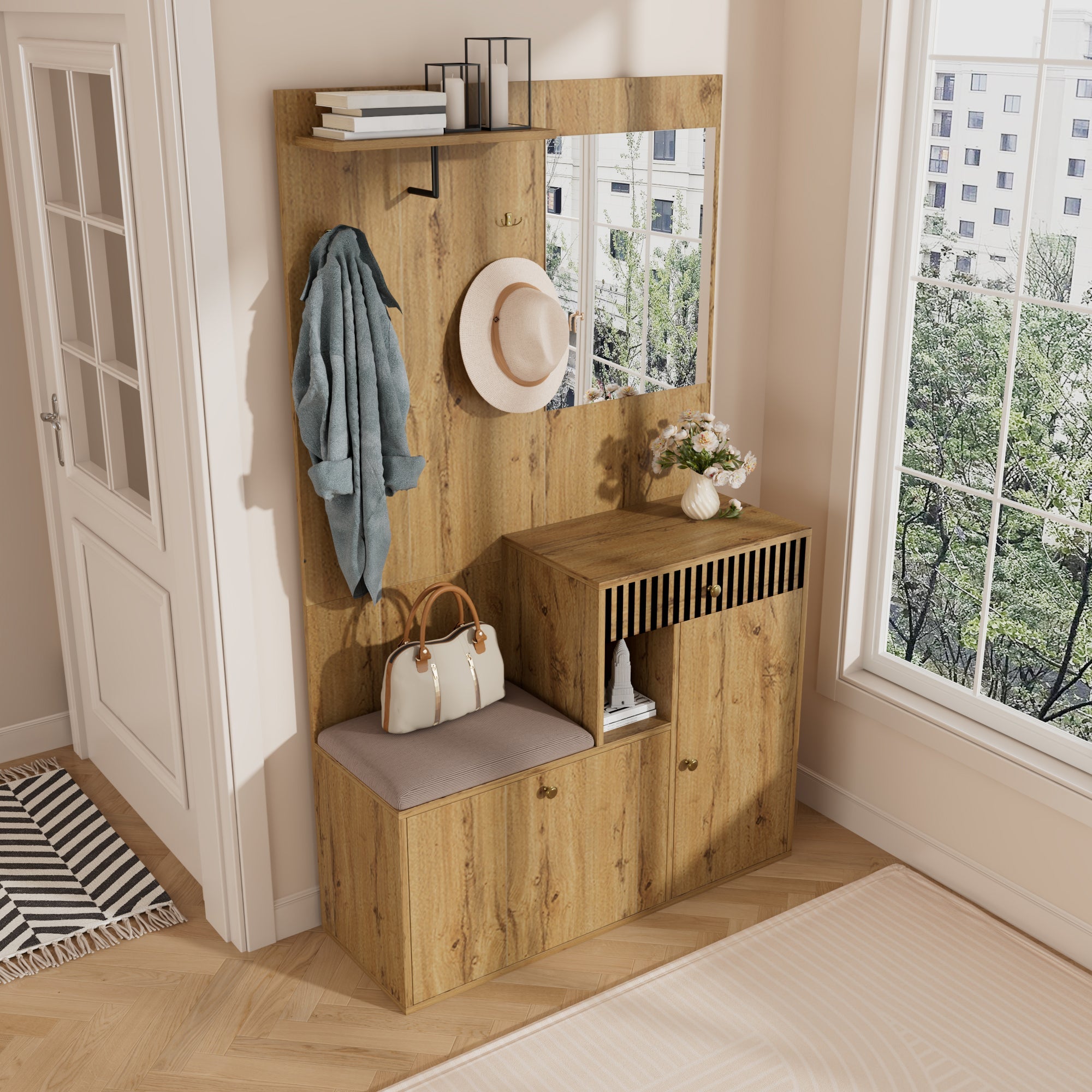 Logidon kledingkastset compacte kledingkast 110x185,5x37 cm natuurlijke MDF spiegel