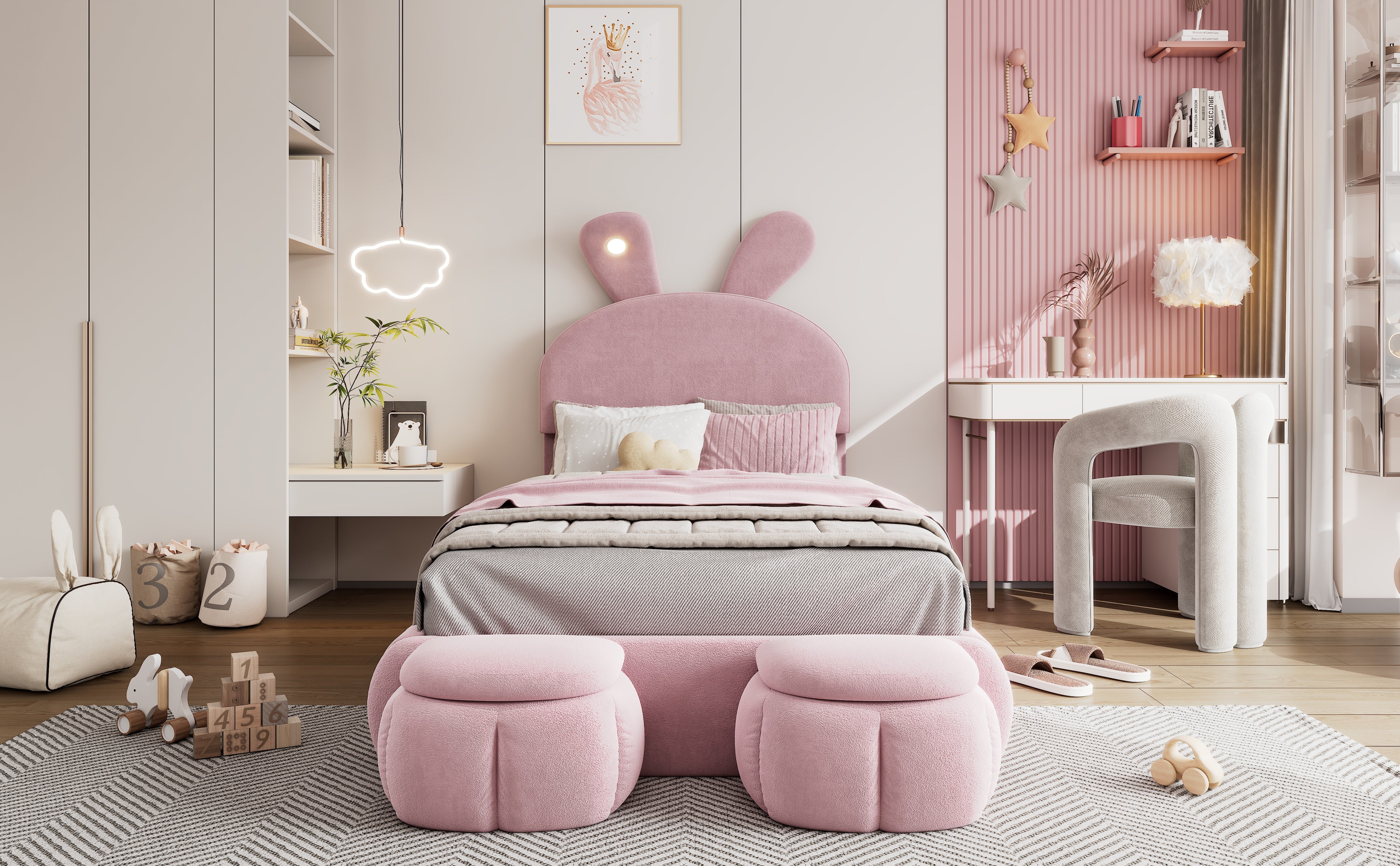 Logidon Upholstered Bed Rabbit Ears Pink 90x200 cm With Adjustable Brightness