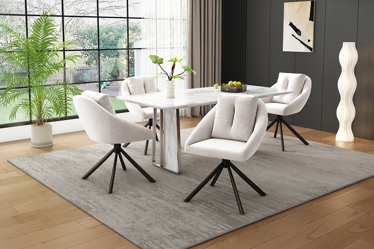 Logidon Velvet Dining Chair Beige Set of 6 Swivel Chairs Ergonomic