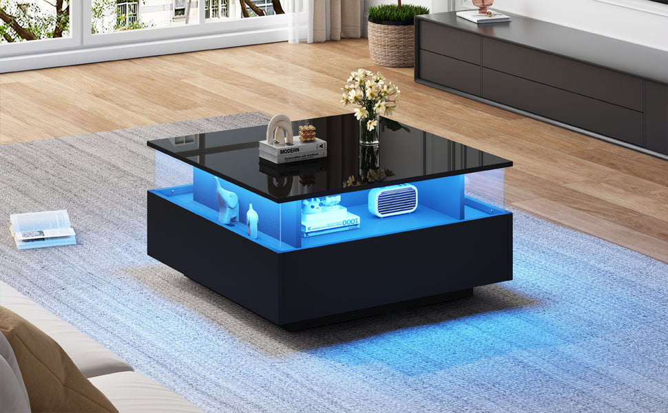 Logidon hoogglans LED salontafel 90x55x45 cm zwart 2 lades