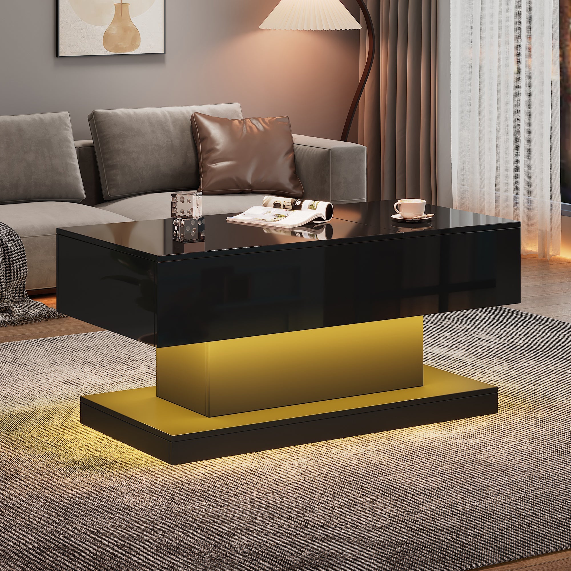 Logidon hoogglans liftsalontafel zwart 100x50x45 cm LED-verlichting