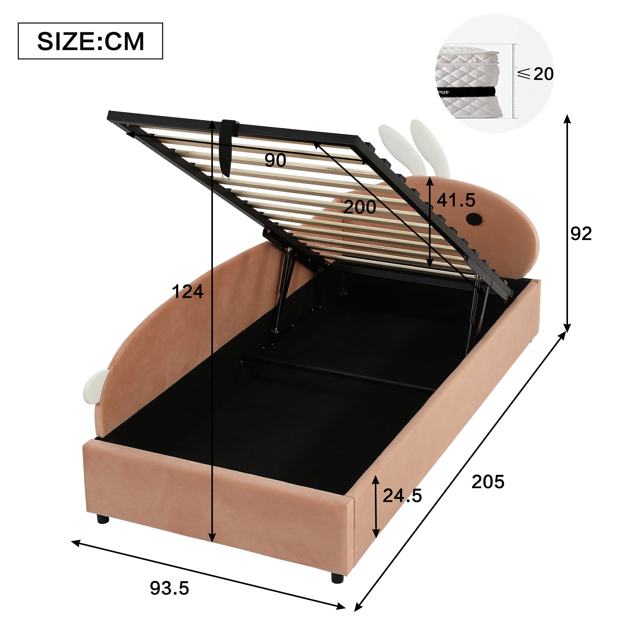 Logidon gestoffeerd bed 90x200 cm roze fluwelen konijn hoofdbord met opbergruimte