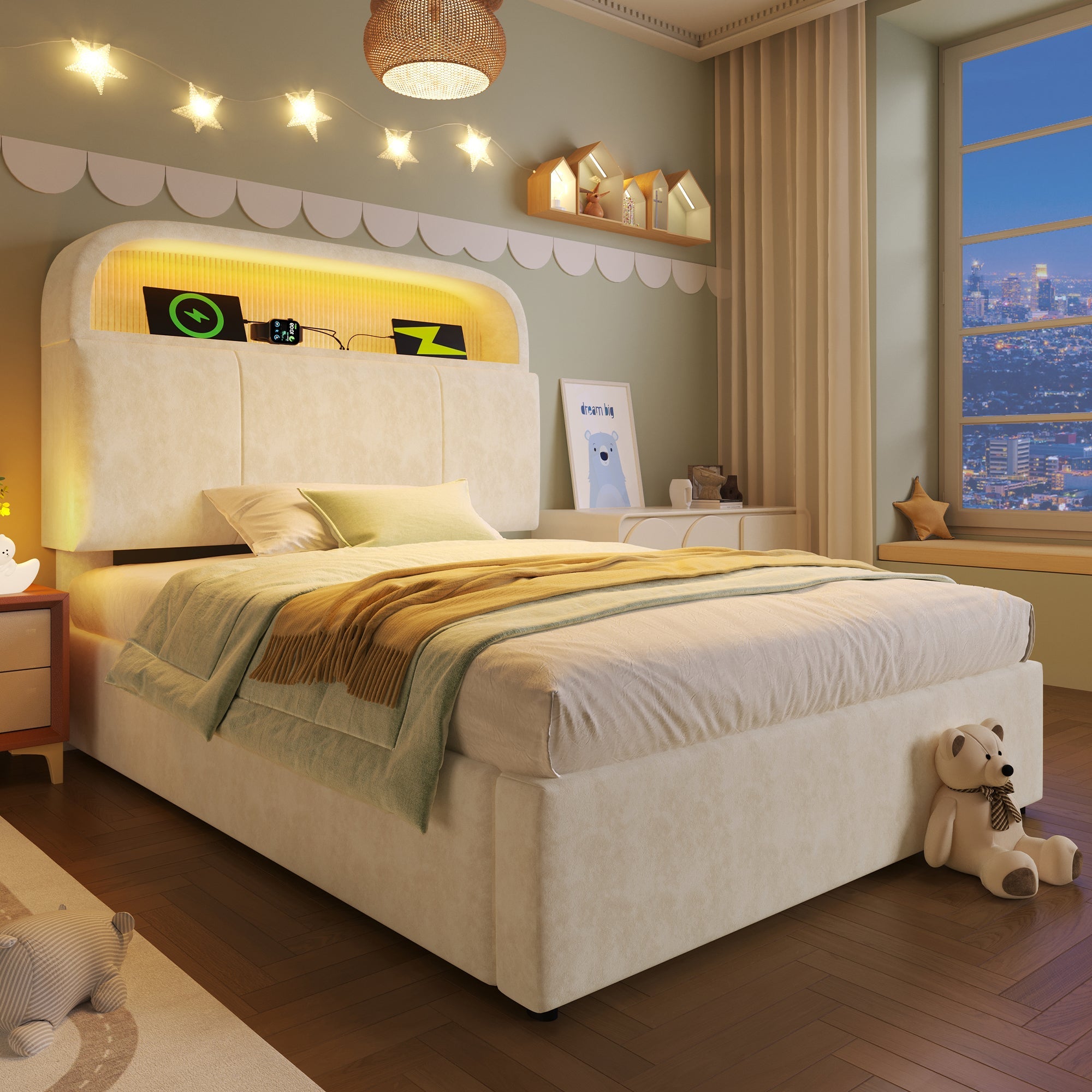 Logidon gestoffeerd bed 90x200 cm beige fluweel met opbergruimte hoofdbord, LED