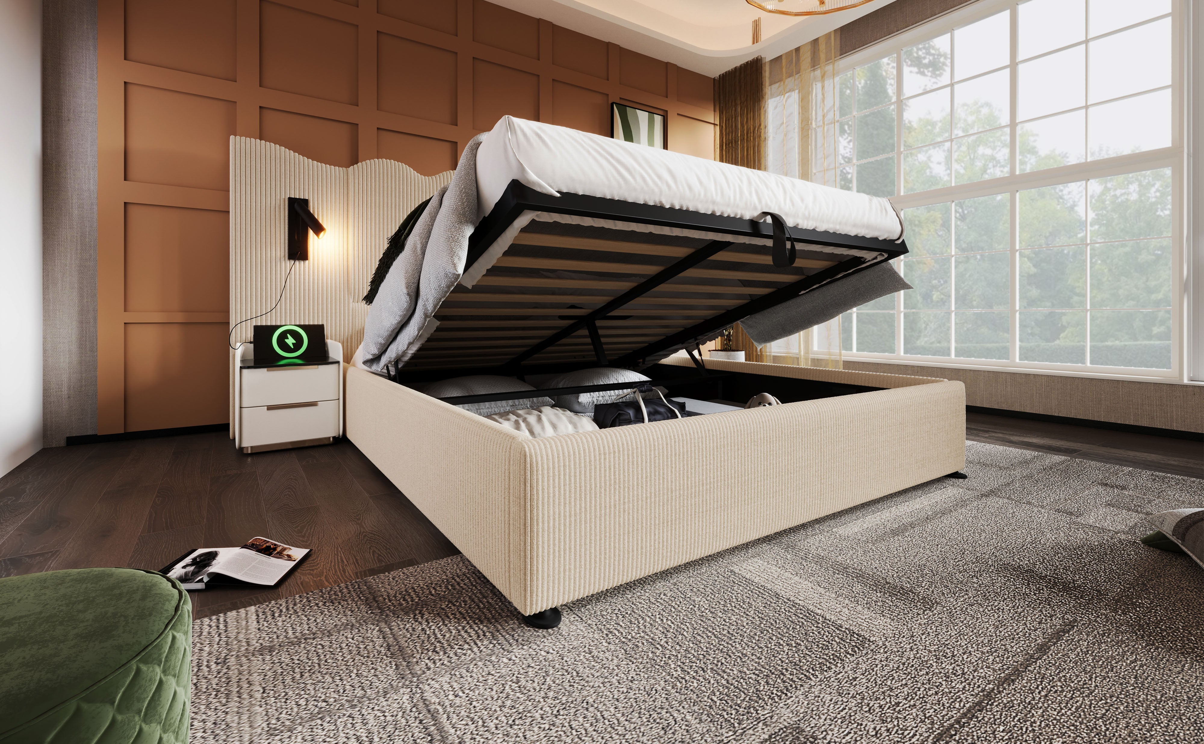 Logidon gestoffeerd bed beige-wit 160x200 met leeslamp USB-C oplaadfunctie
