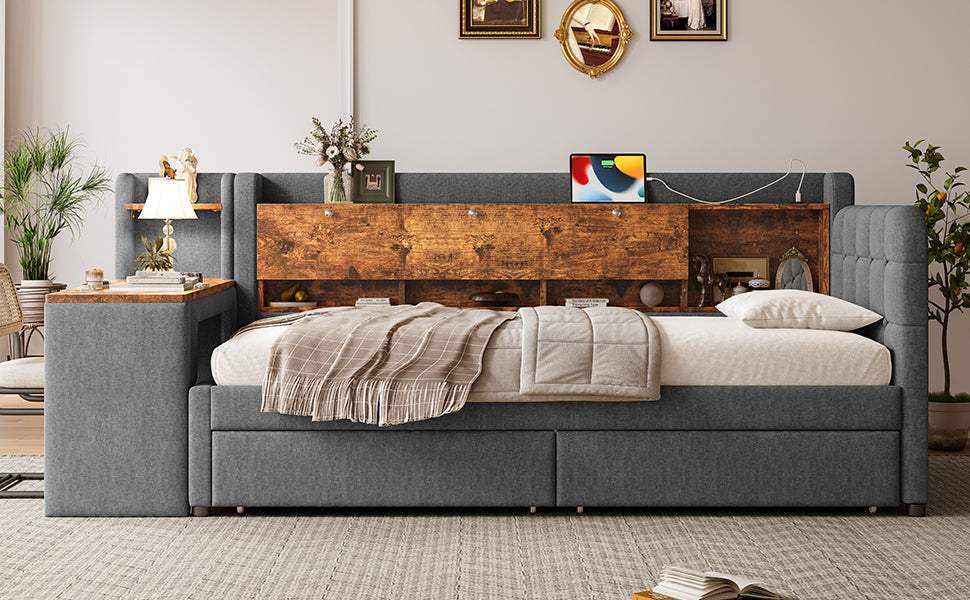 Logidon Daybed 90x200 cm slaapbank met bureau grijs USB Type C