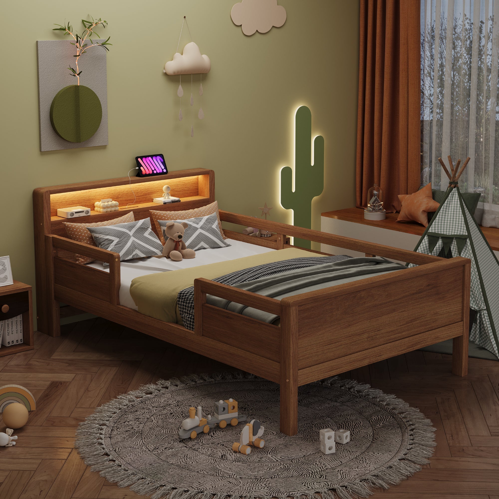 Logidon houten bed 90x200 cm naturel met USB-C stopcontact en LED