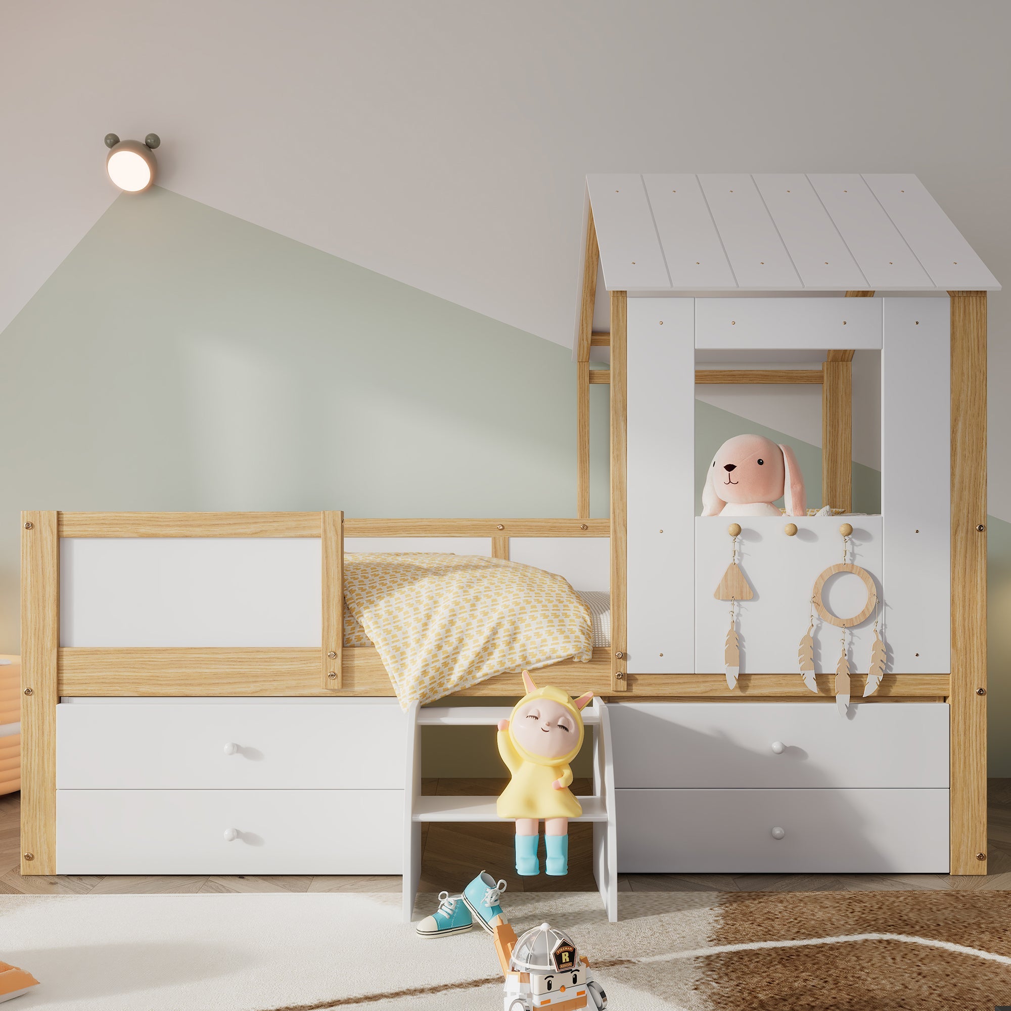 Logidon halfhoog huisbed 90x200 wit naturel met dak