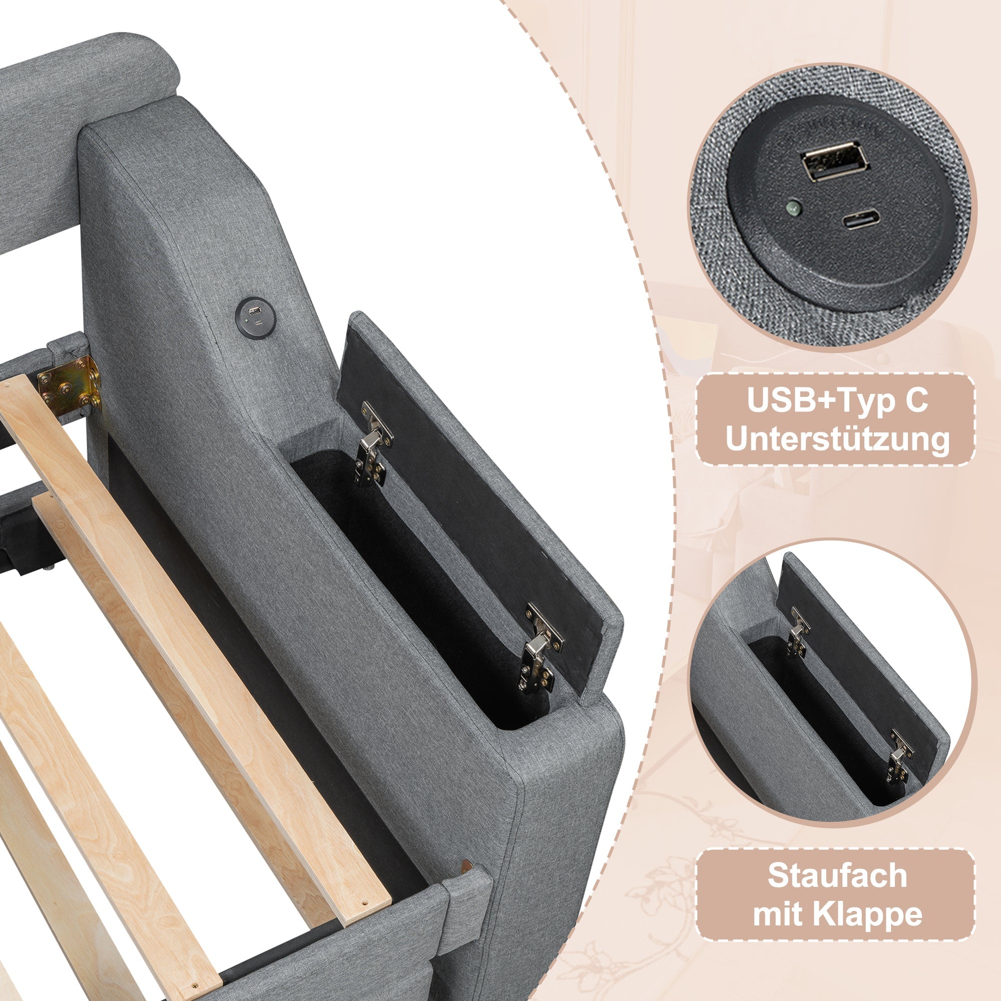 Logidon slaapbank 90x200 cm grijs linnen met USB Type C lattenbodem