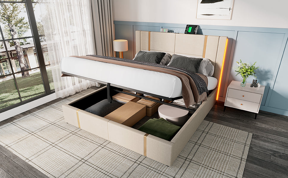 Logidon gestoffeerd bed tweepersoonsbed 160x200 beige USB C oplaadfunctie LED