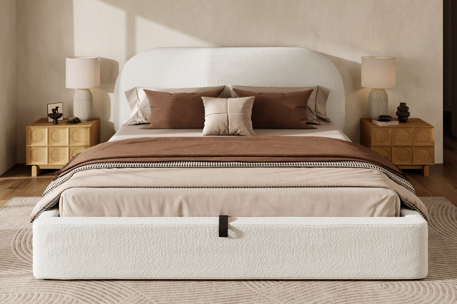 Logidon gestoffeerd bed 180x200 beige bouclé met opbergruimte hydraulische lift