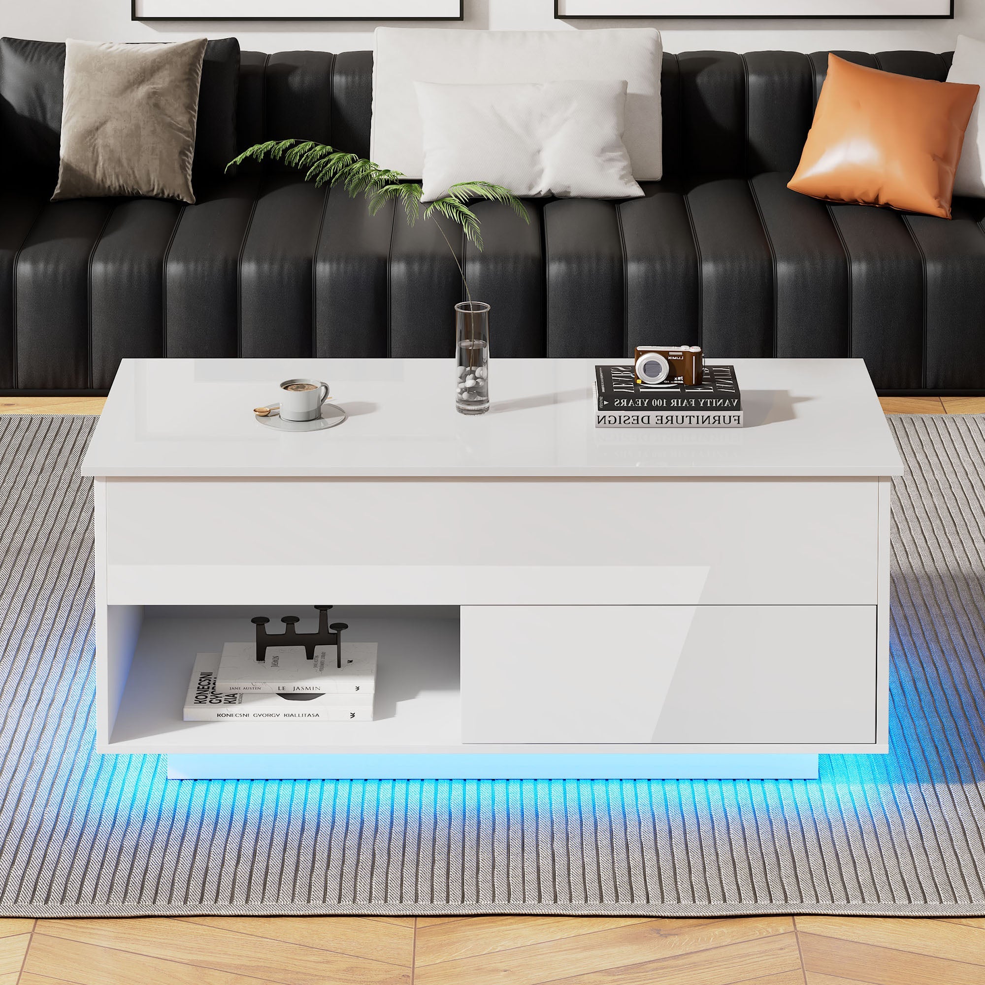 Logidon hoogglans hefsalontafel 100 x 50 cm witte LED-verlichting