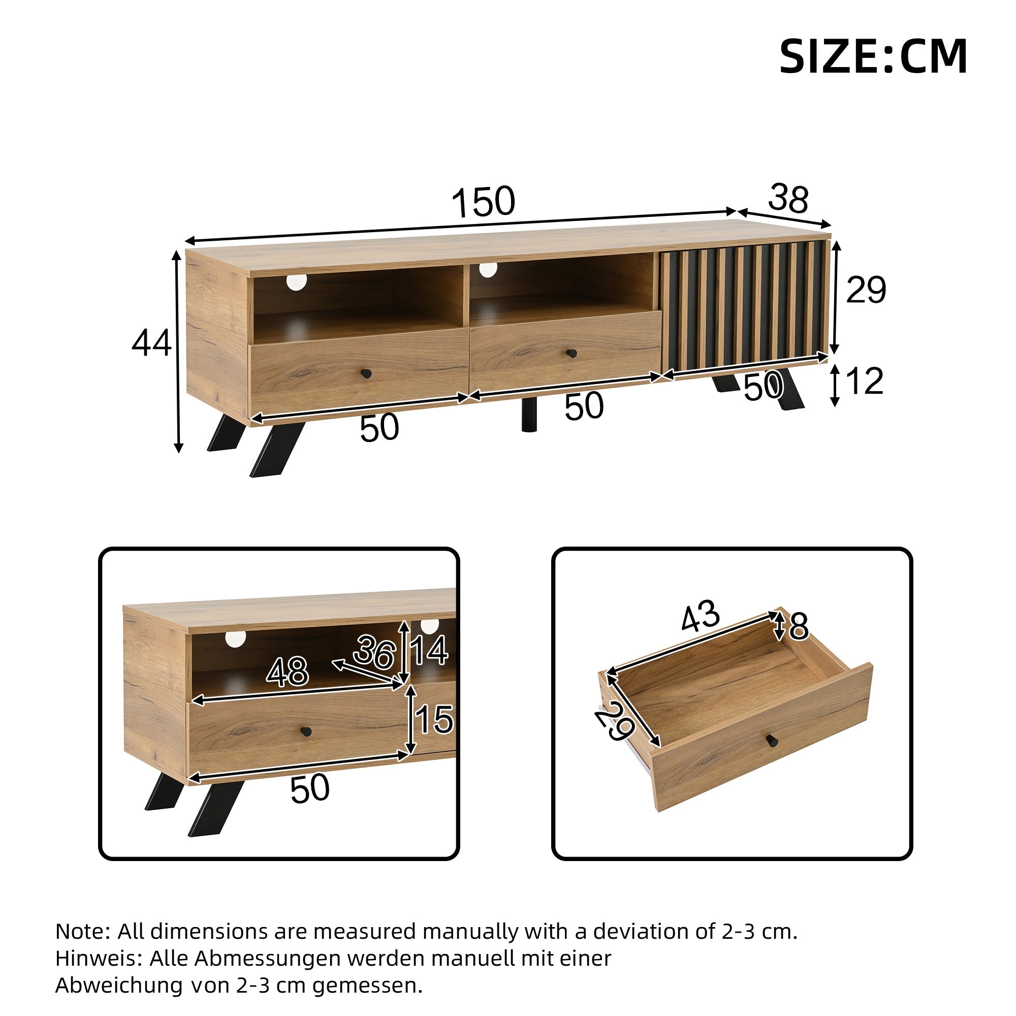 Logidon TV-meubel 150 x 38 x 44 cm natuurlijke houtlook 2 lades