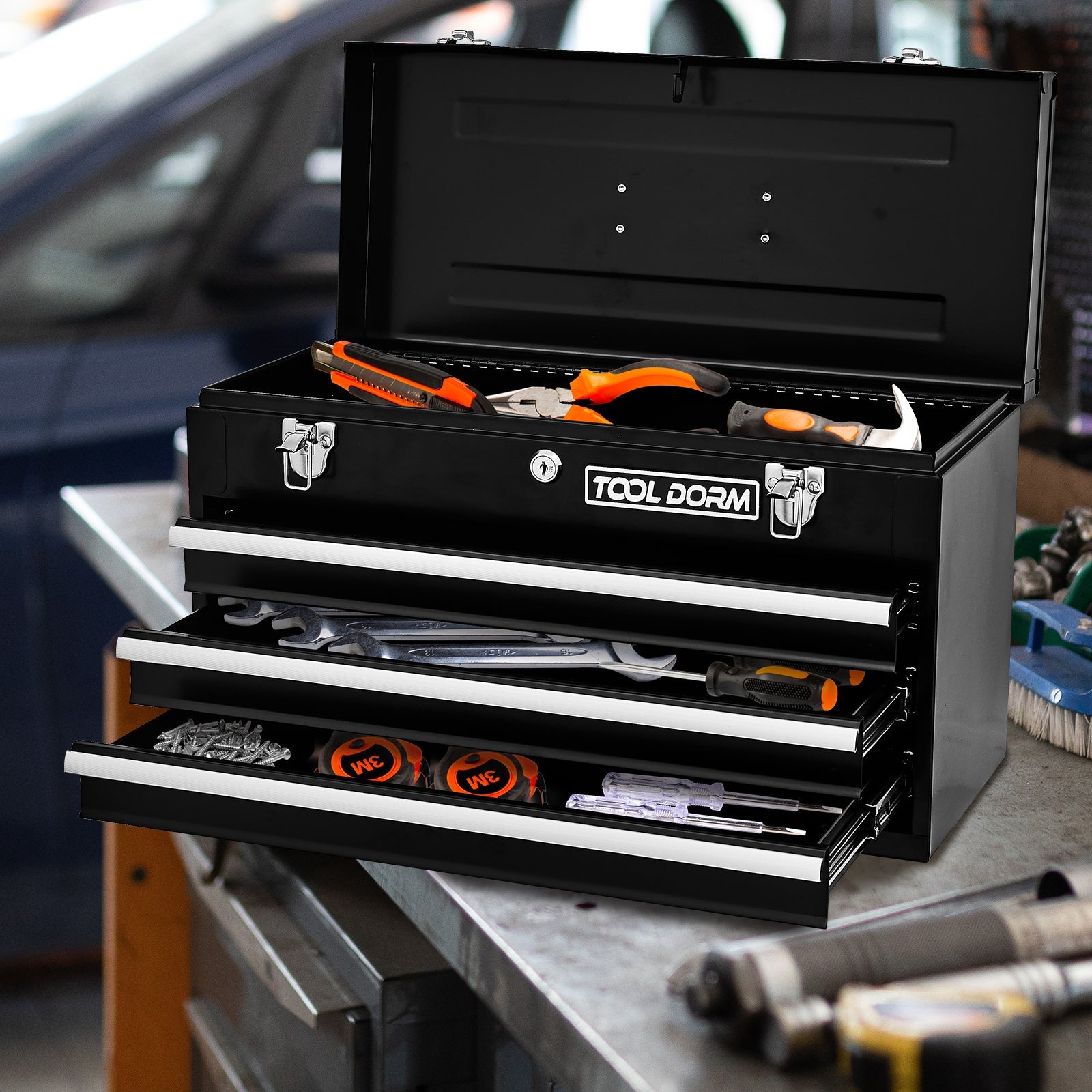 Logidon Metalen Gereedschapskist met 3 Laden 20,3 Inch Zwart Draagbaar