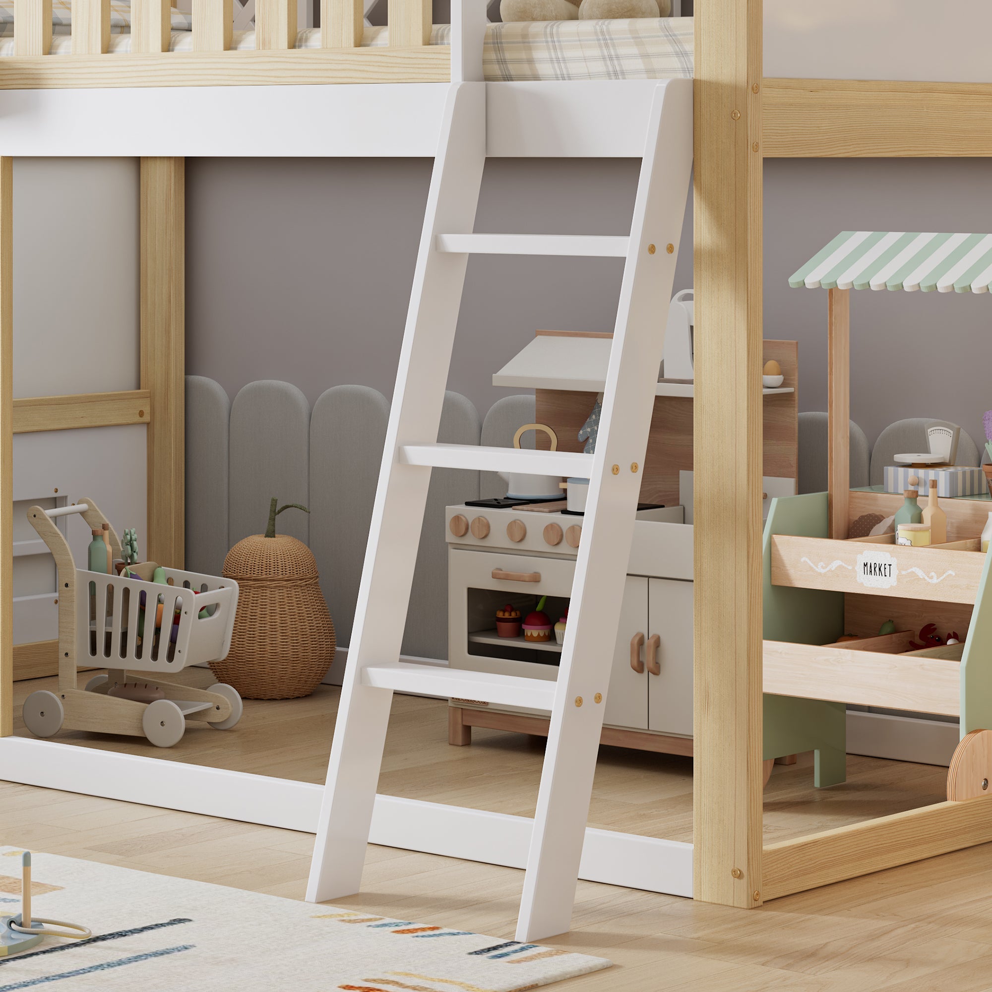 Logidon Kinderhoogslaper 90x200 met plankruimte en opbergruimte wit-naturel
