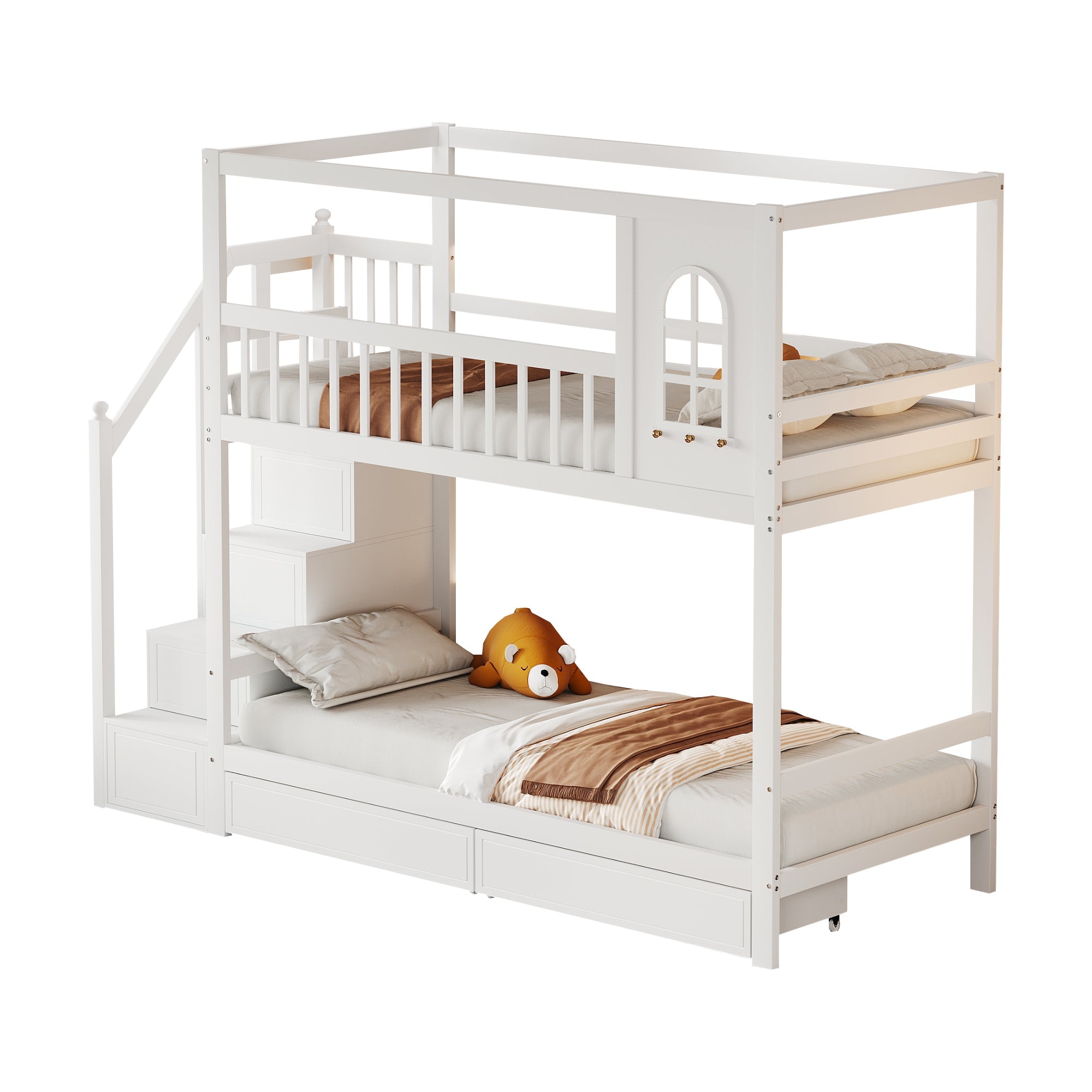 Logidon stapelbed 90x200 cm wit massief houten huisvorm met lades