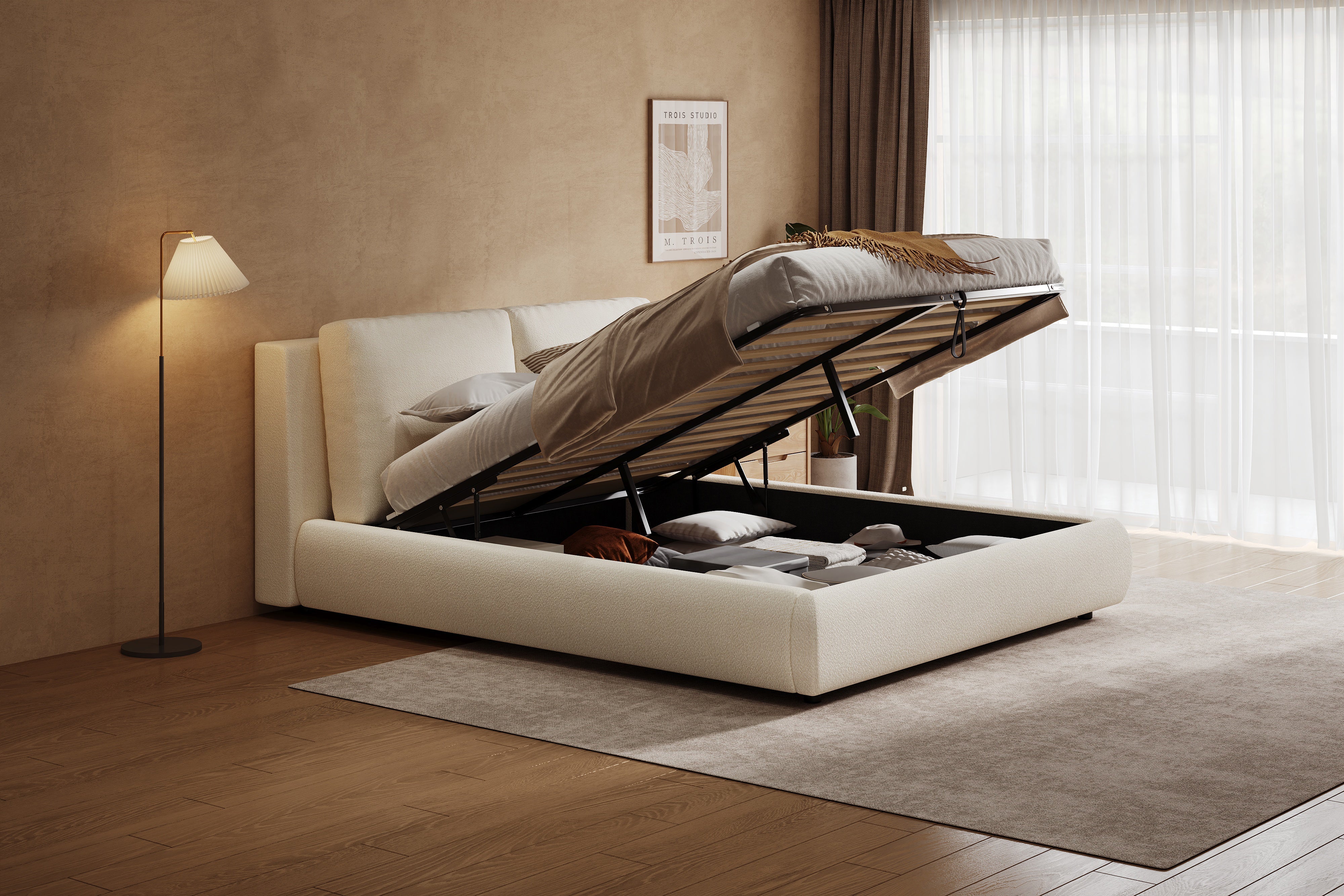 Logidon gestoffeerd bed 180x200 cm met opbergruimte en hydrauliek beige bouclé