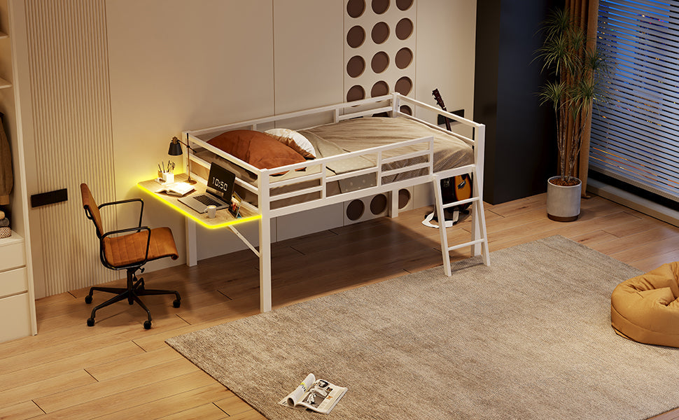 Logidon flat bed 90 x 200 cm metal bed white with railing ladder LED