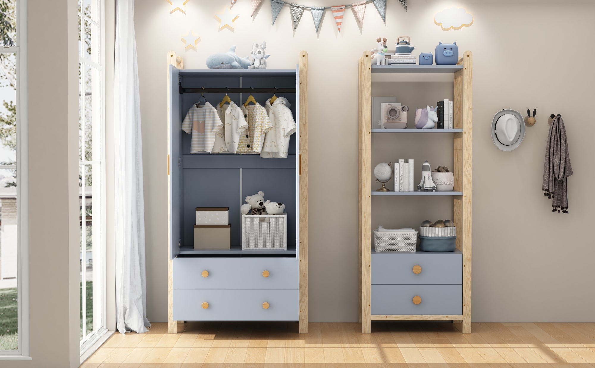 Logidon staande plank blauw naturel hout 2 lades 4 niveaus 70x44x180