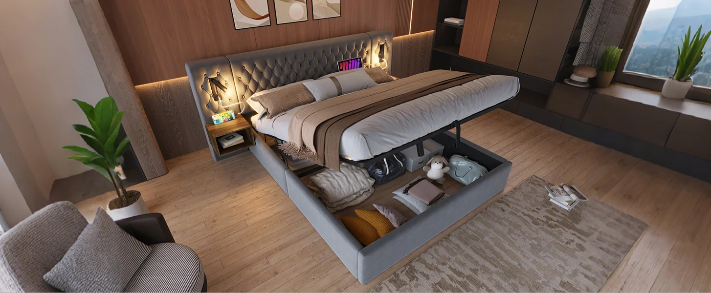 Logidon bed system 160x200 cm upholstered bed with storage space gray velvet