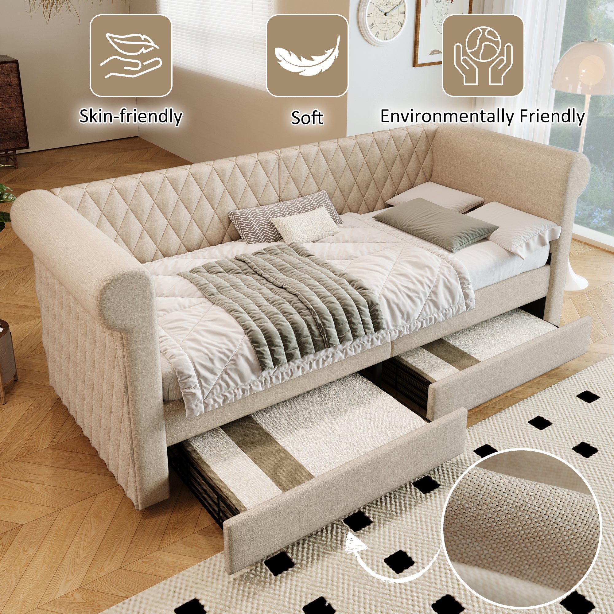 Logidon Vintage Upholstered Bed 90x200 Beige Linen Sofa Bed With Storage Space