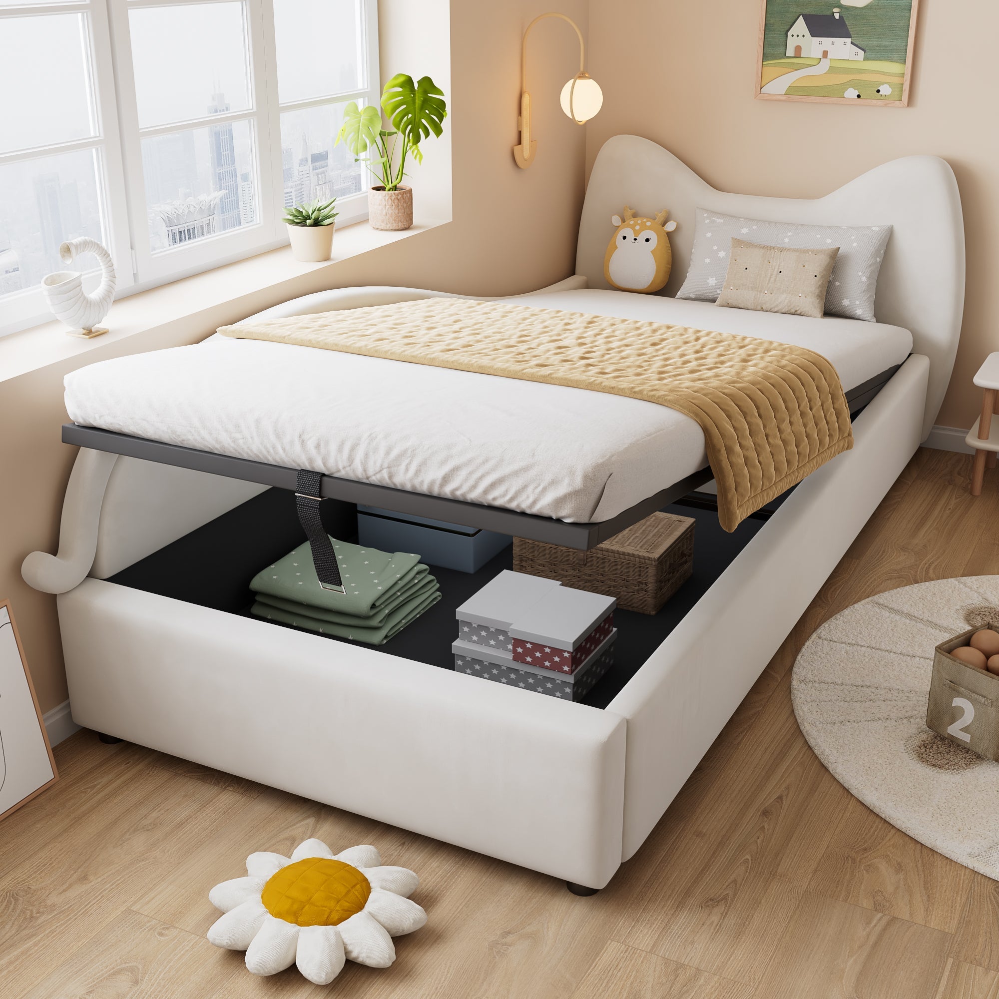 Logidon gestoffeerd kinderbed 90x200 beige kattendesign met opbergruimte