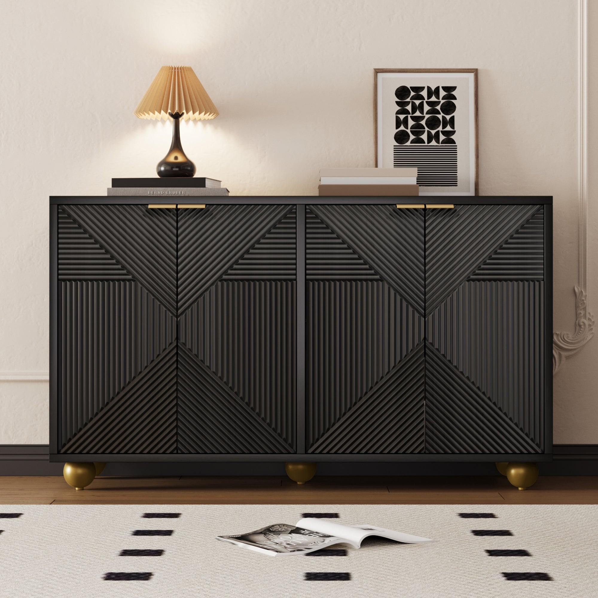 Logidon Dressoir 120 cm Zwart met Vier Deuren en Gouden Handgrepen