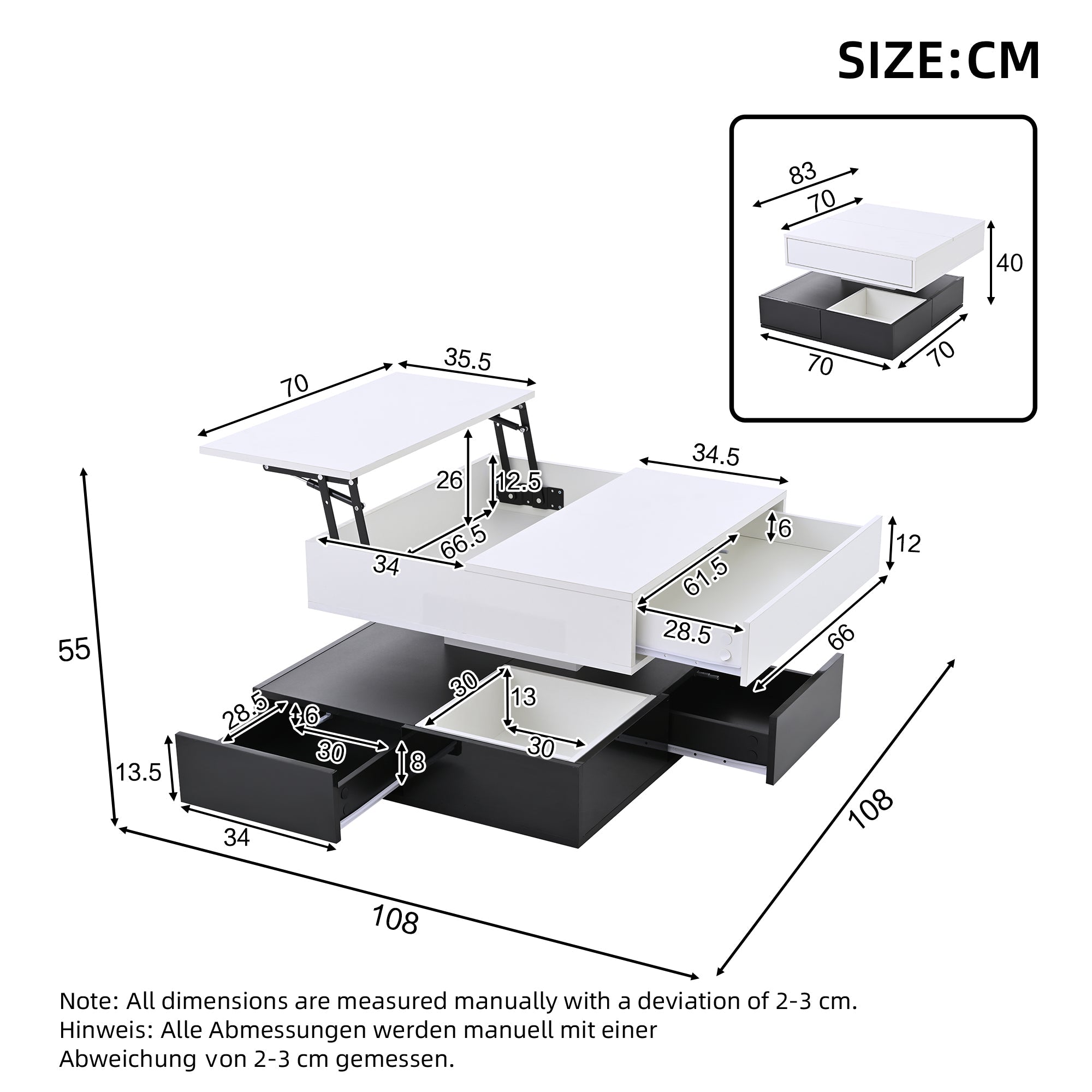 Logidon salontafel 70x70 hefblad 360 graden draaibaar 3 lades wit
