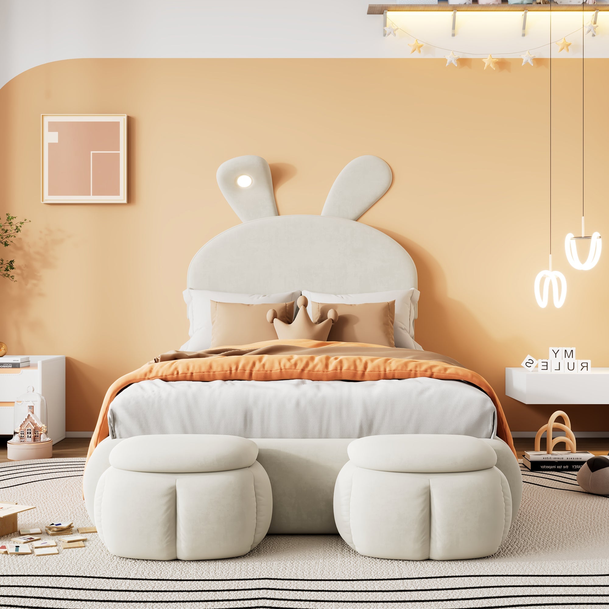 Logidon gestoffeerd bed 90x200 beige fluwelen opbergkruk met konijnenoren