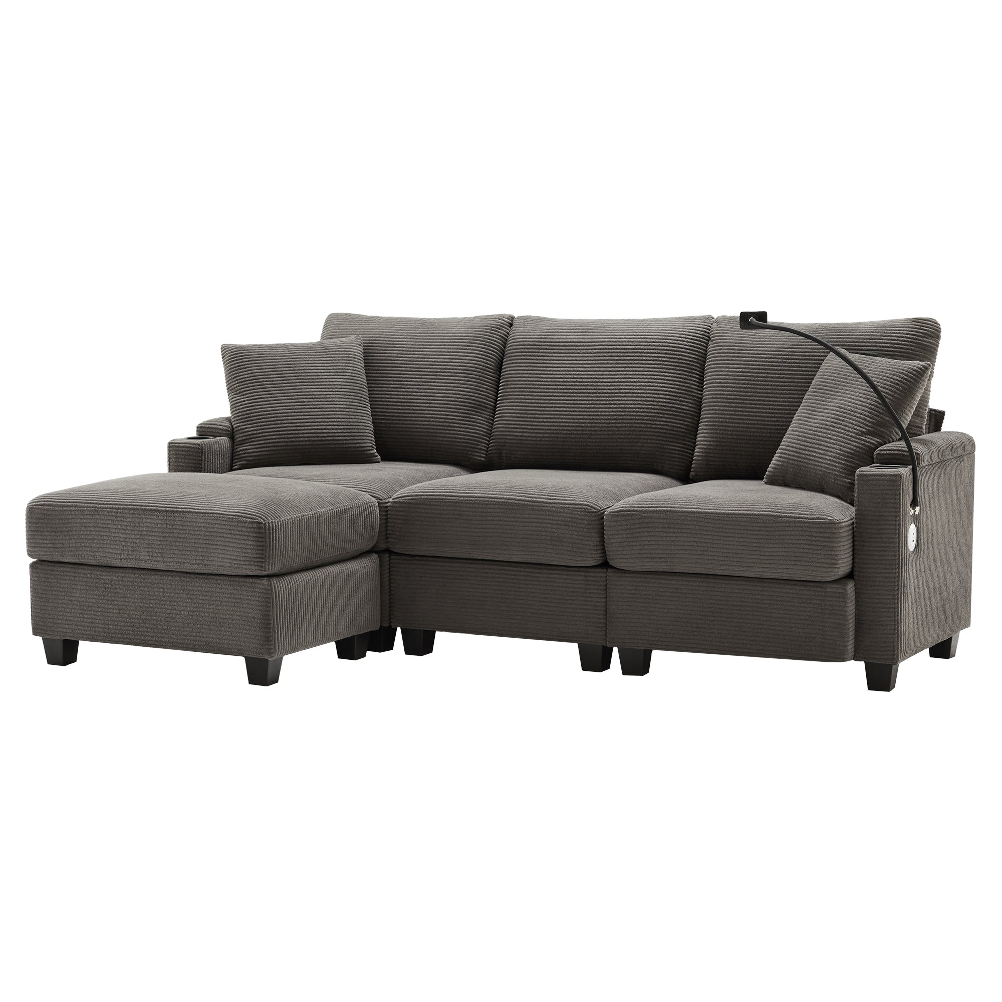 Logidon L-vorm Hoekbank Donkergrijs Corduroy Met USB-oplader