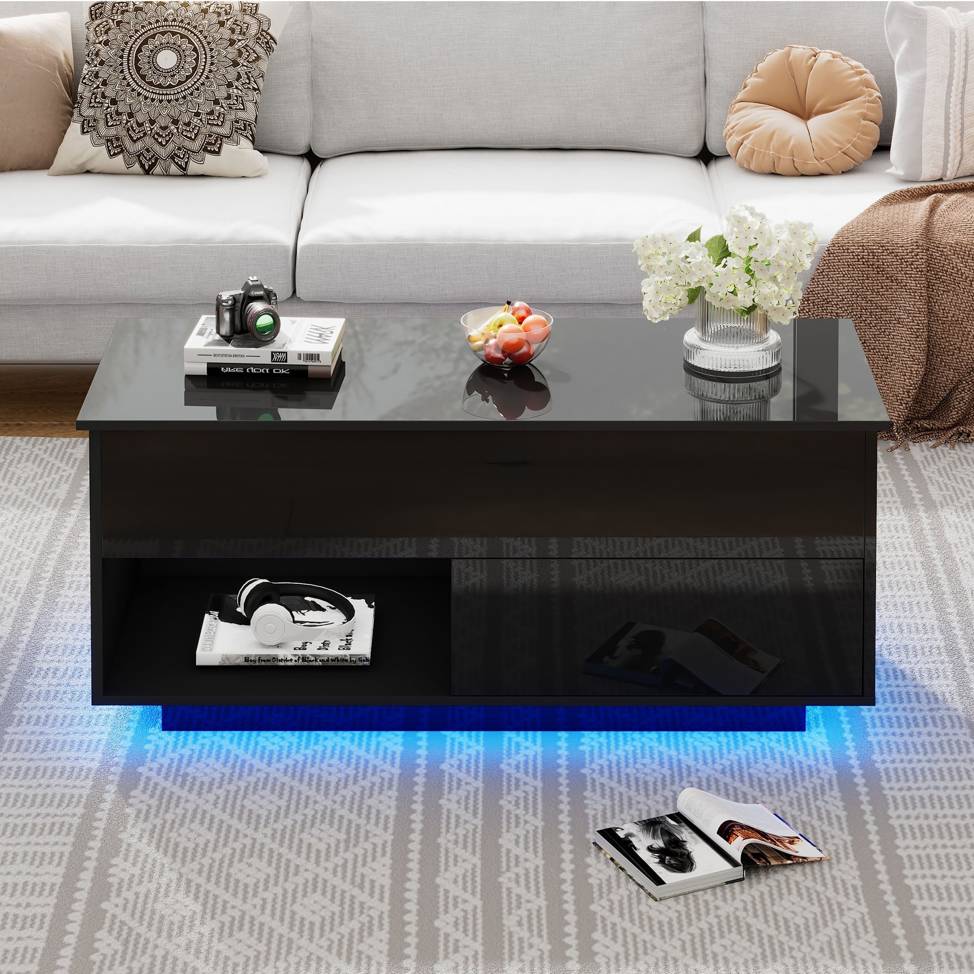 Logidon hoogglans salontafel 100x50x55 cm zwart LED-verlichting