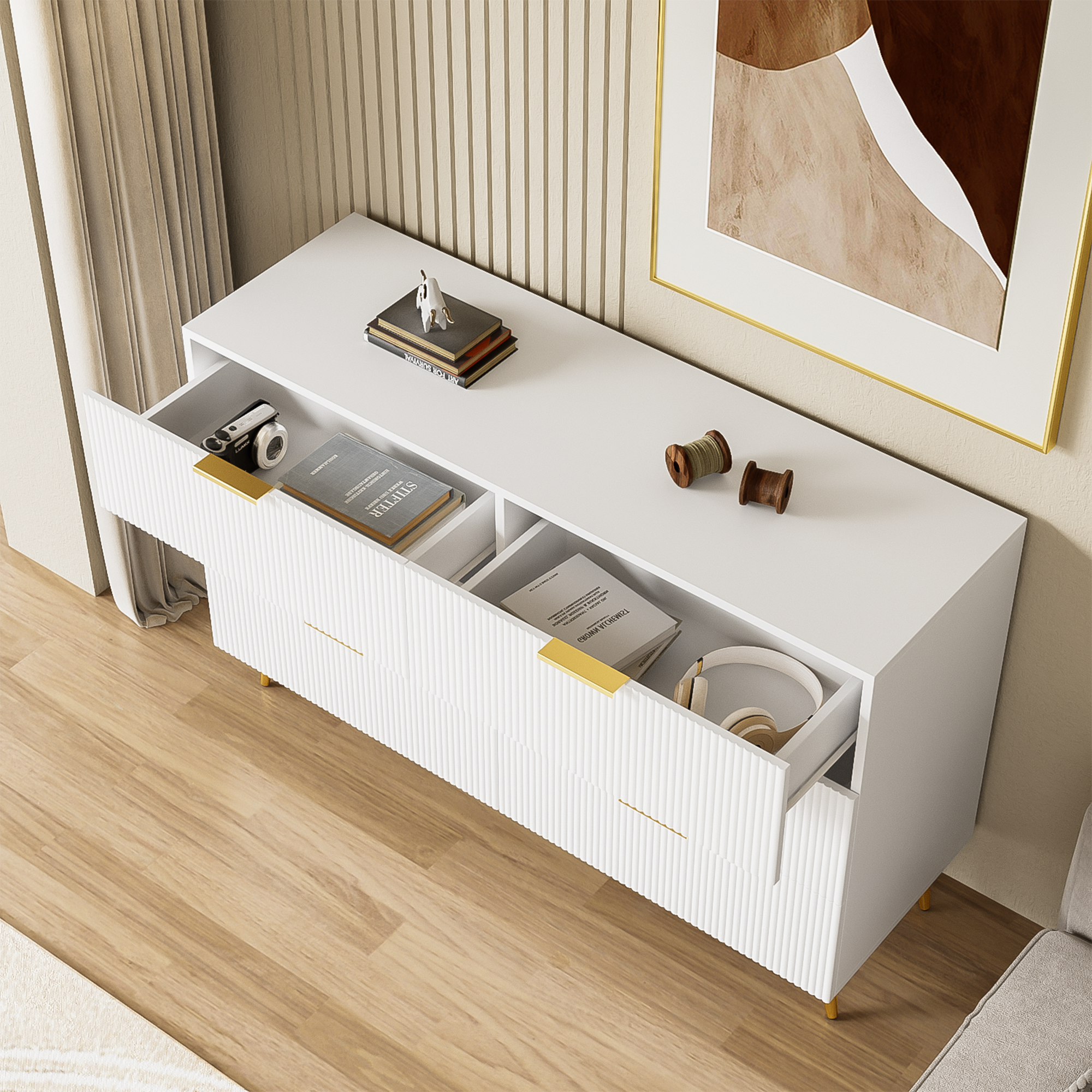 Logidon Elegant sideboard white 120x40x77 cm 6 drawers gold accents