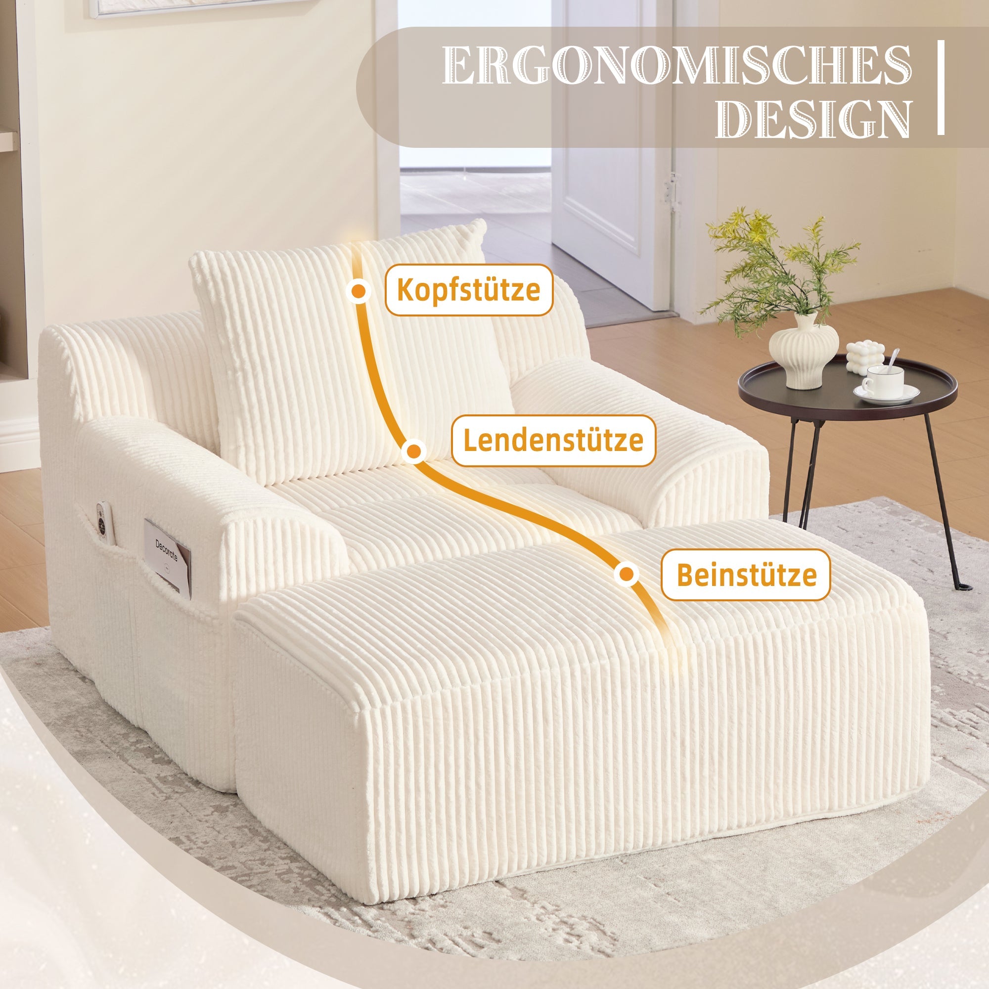 Logidon Oversized Corduroy Velvet Armchair Beige with Footstool and Cushion