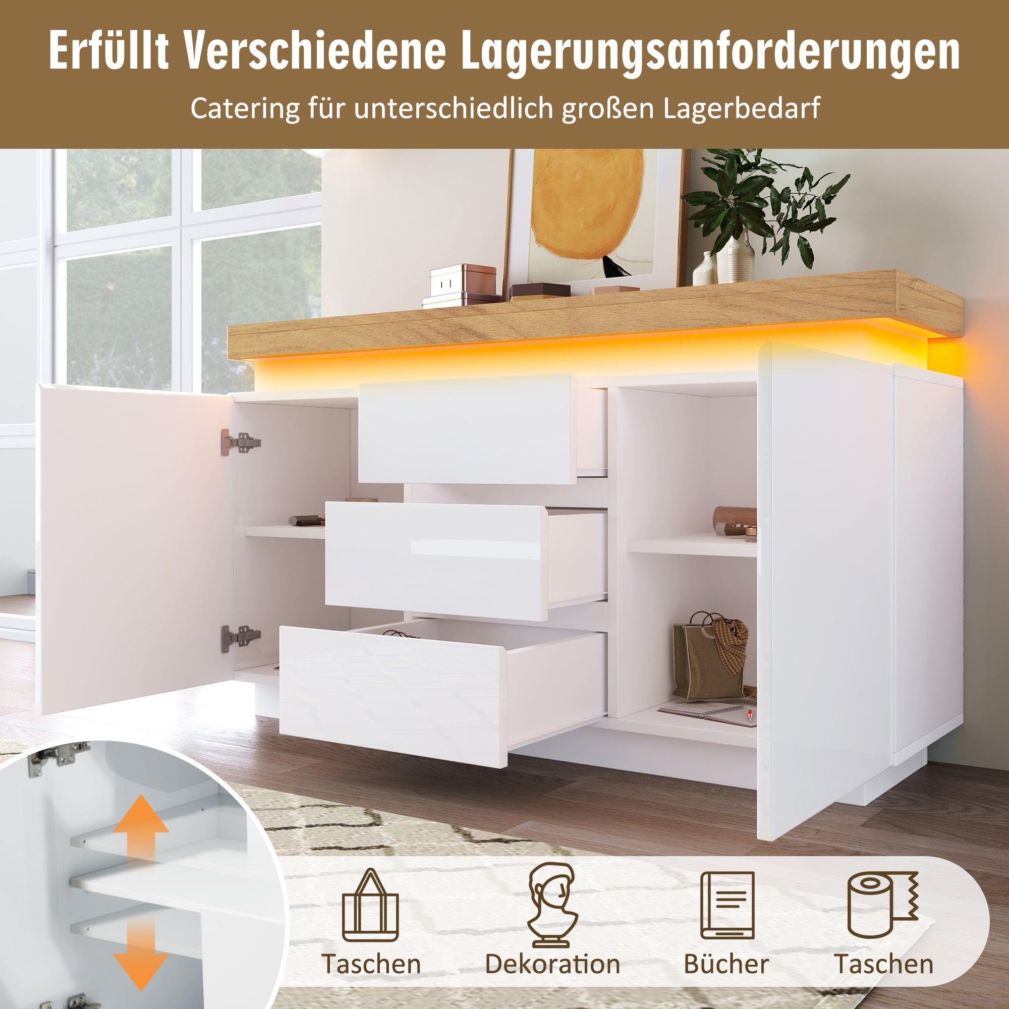 Logidon Wit Dressoir Met LED Verlichting 2 Deurs 3 Lades