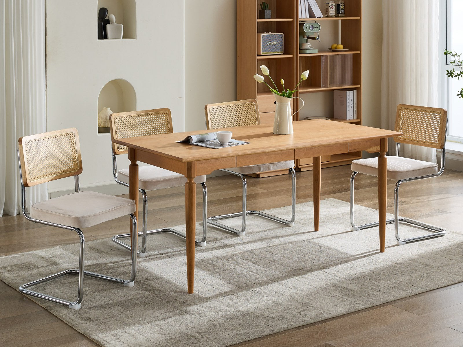 Logidon eettafel stoelen set van 2 velours zitting rotan rugleuning chroom frame beige