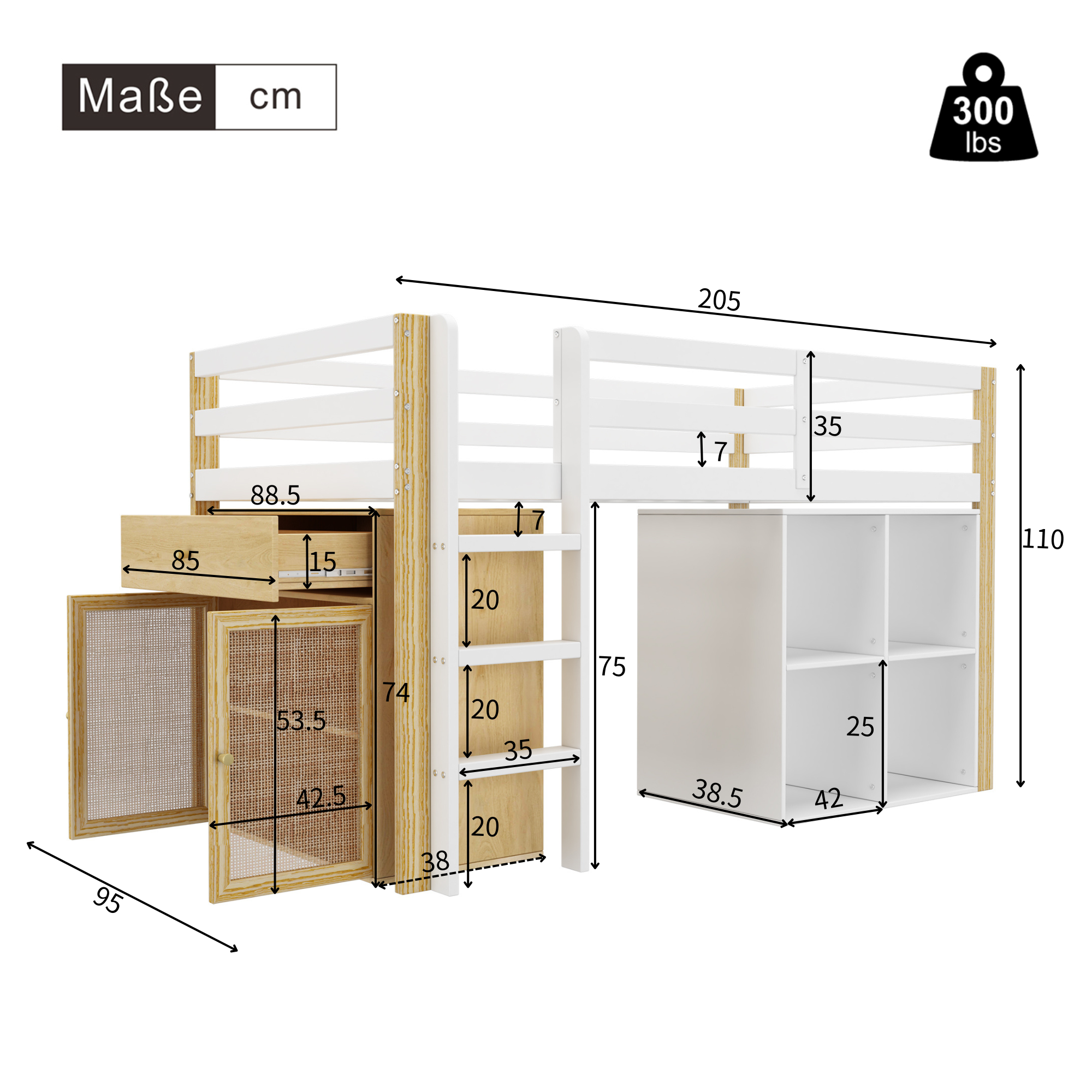 Logidon kinderhoogslaper 90x200 cm naturel wit met opbergruimte