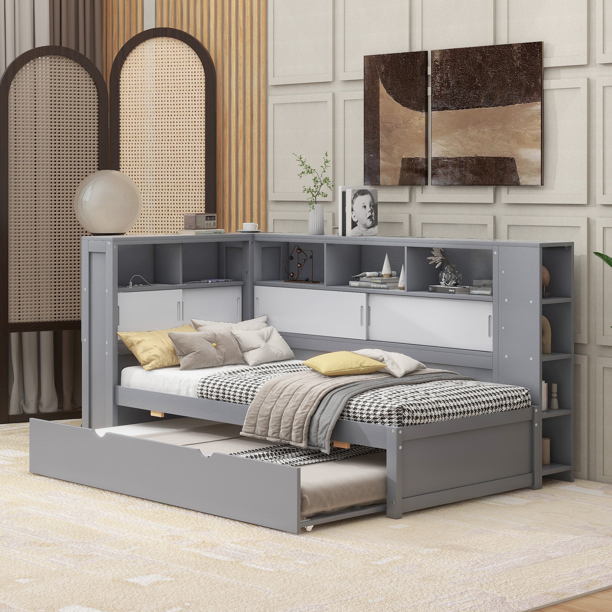 Logidon daybed 90x200 cm grijs met uitschuifbaar bed USB opbergvak