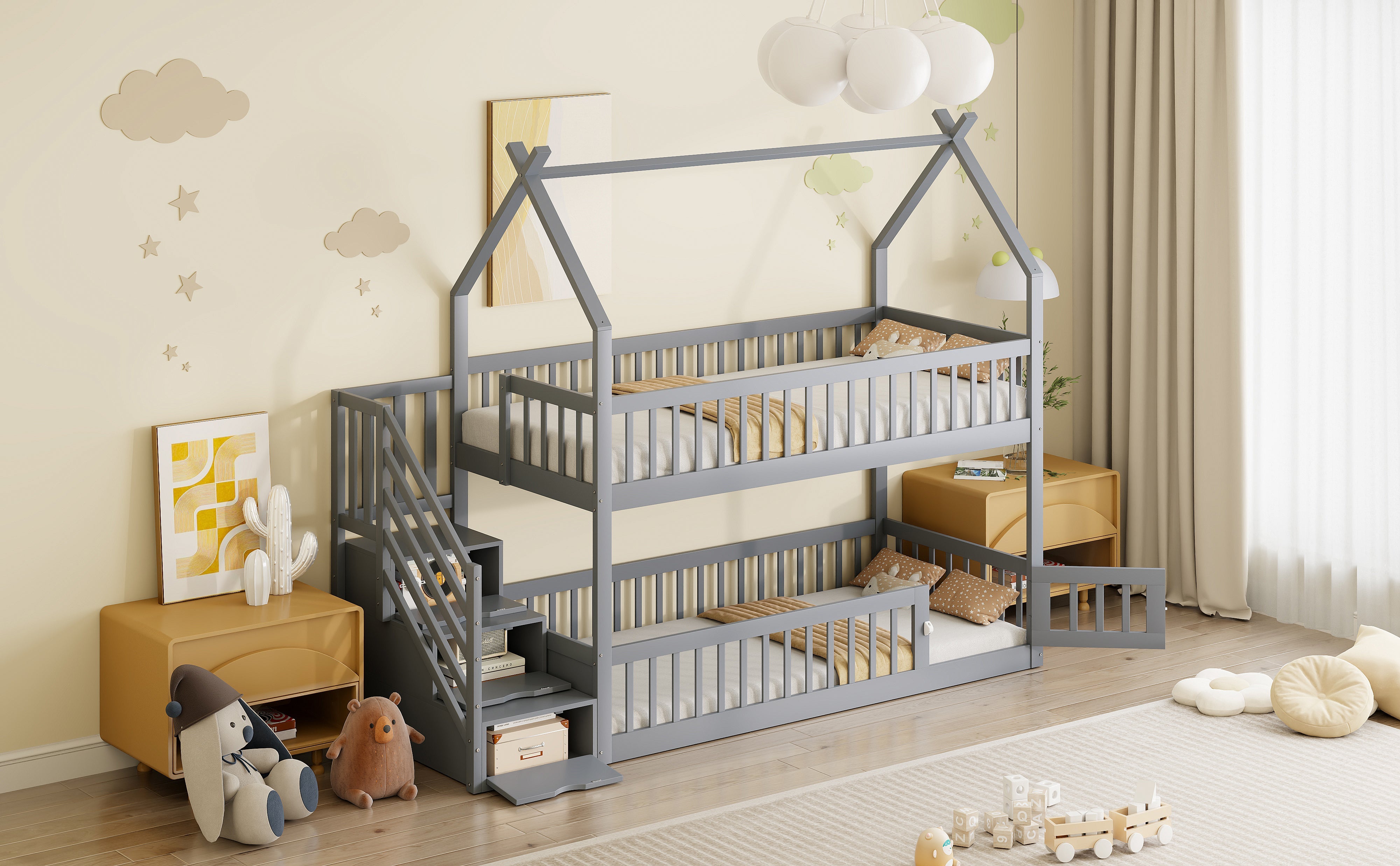 Logidon Bunk Bed 90x200 Gray With Roof Safety Stairs Storage Space