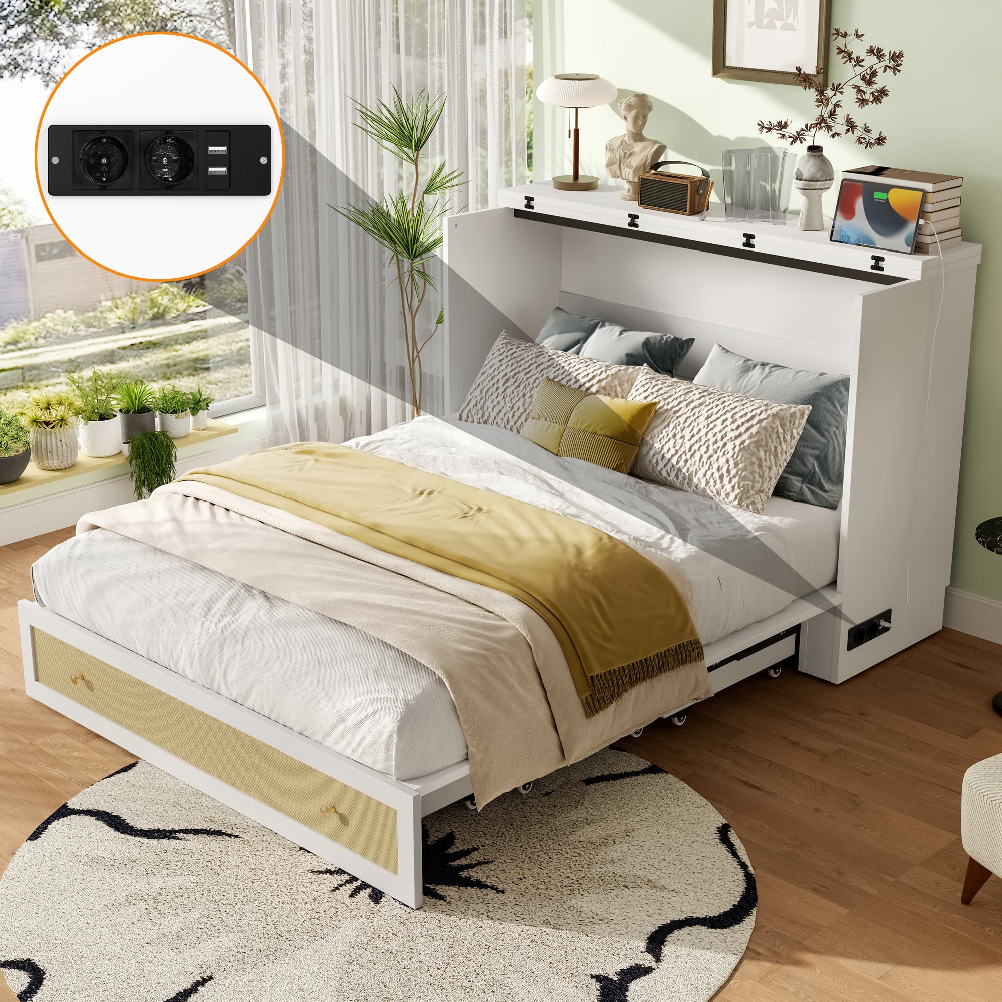 Logidon opklapbed 140x200 wit met USB-aansluiting en lades