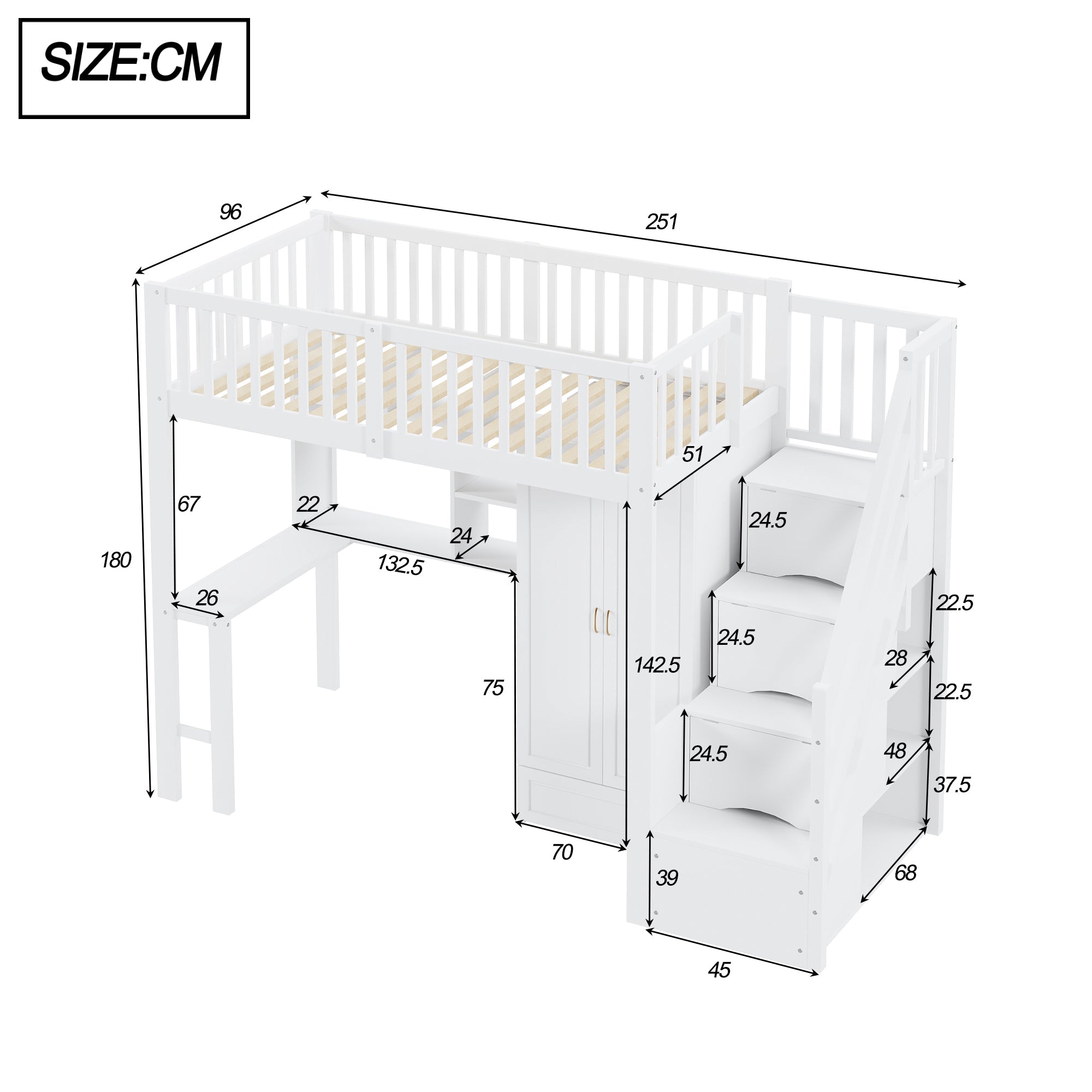 Logidon hoogslaper 90x200 wit met grote kledingkast en tafel