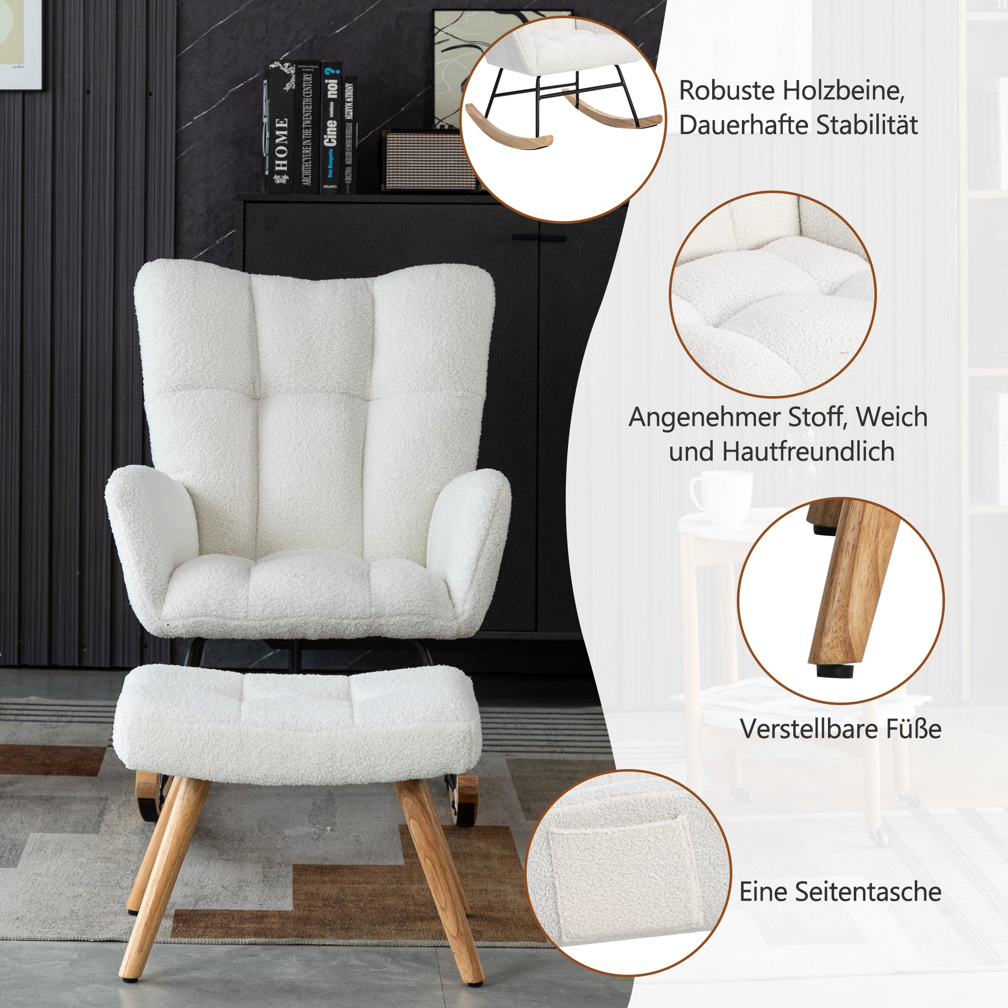 Logidon Ergonomische Witte Schommelstoel Met Voetenbank Hoogte 92 cm